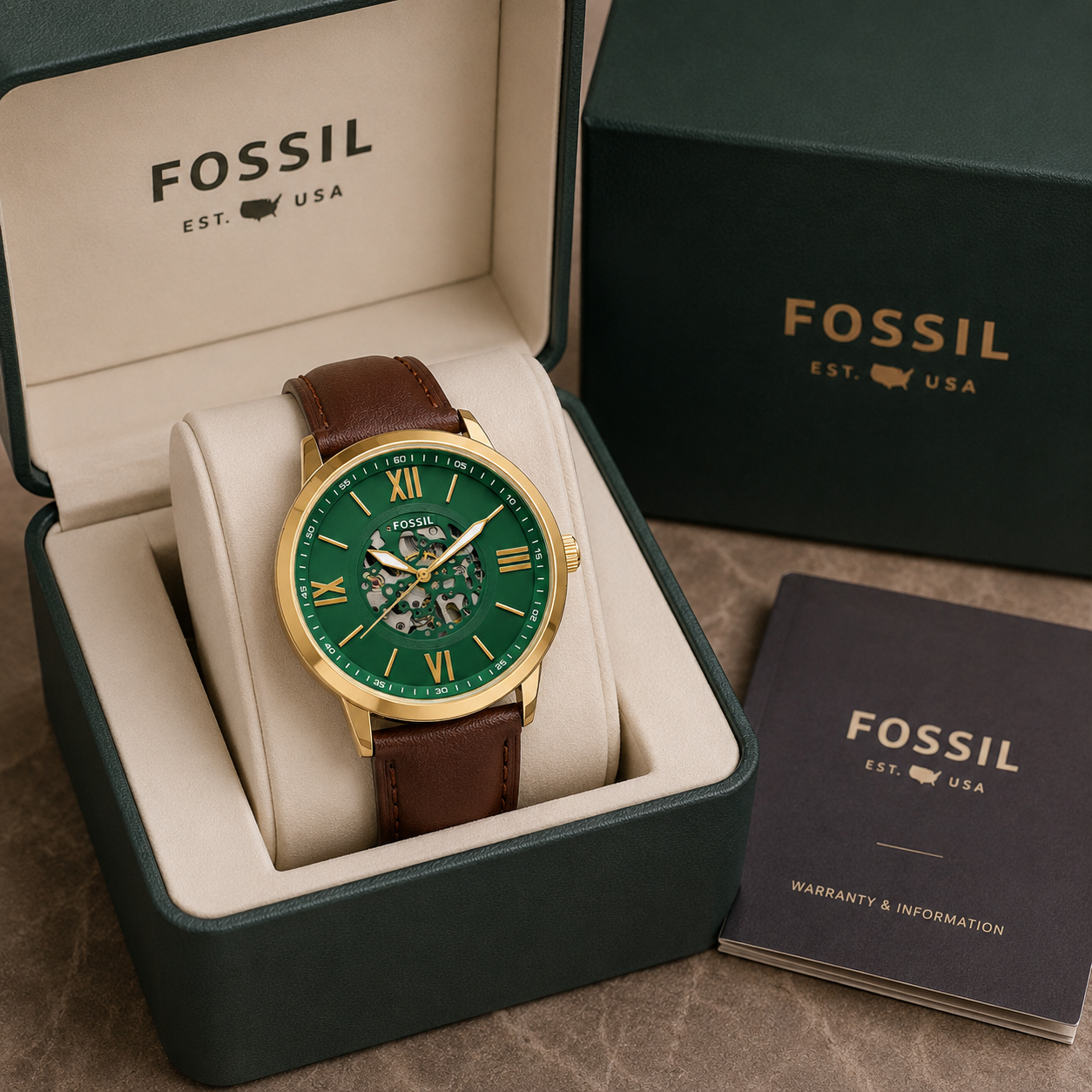 Fo_ssil Automatic Skeleton Men’s Watch – Green Dial, Gold-Tone Case & Brown Leather Strap