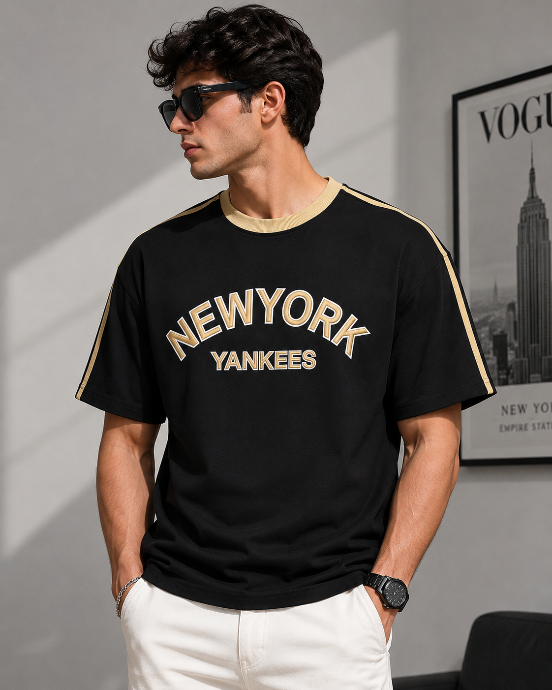 Ne_w Yo_rk Yan_kees Inspired Men's Premium Black Oversized Cotton T-Shirt with Contrast Stripe