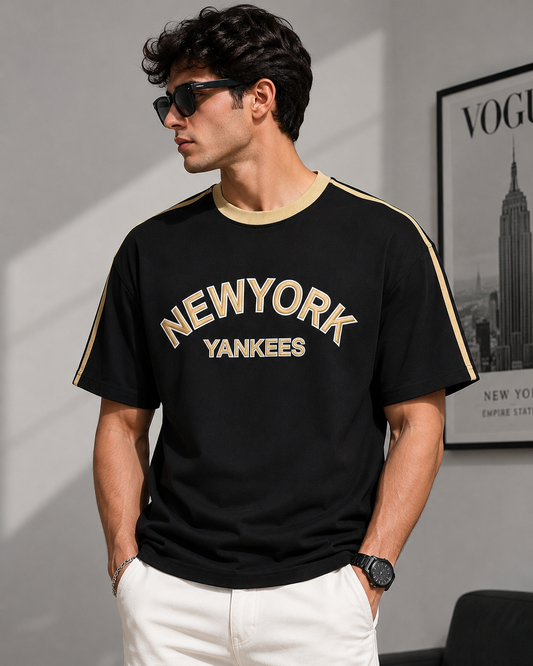 Ne_w Yo_rk Yan_kees Inspired Men's Premium Black Oversized Cotton T-Shirt with Contrast Stripe