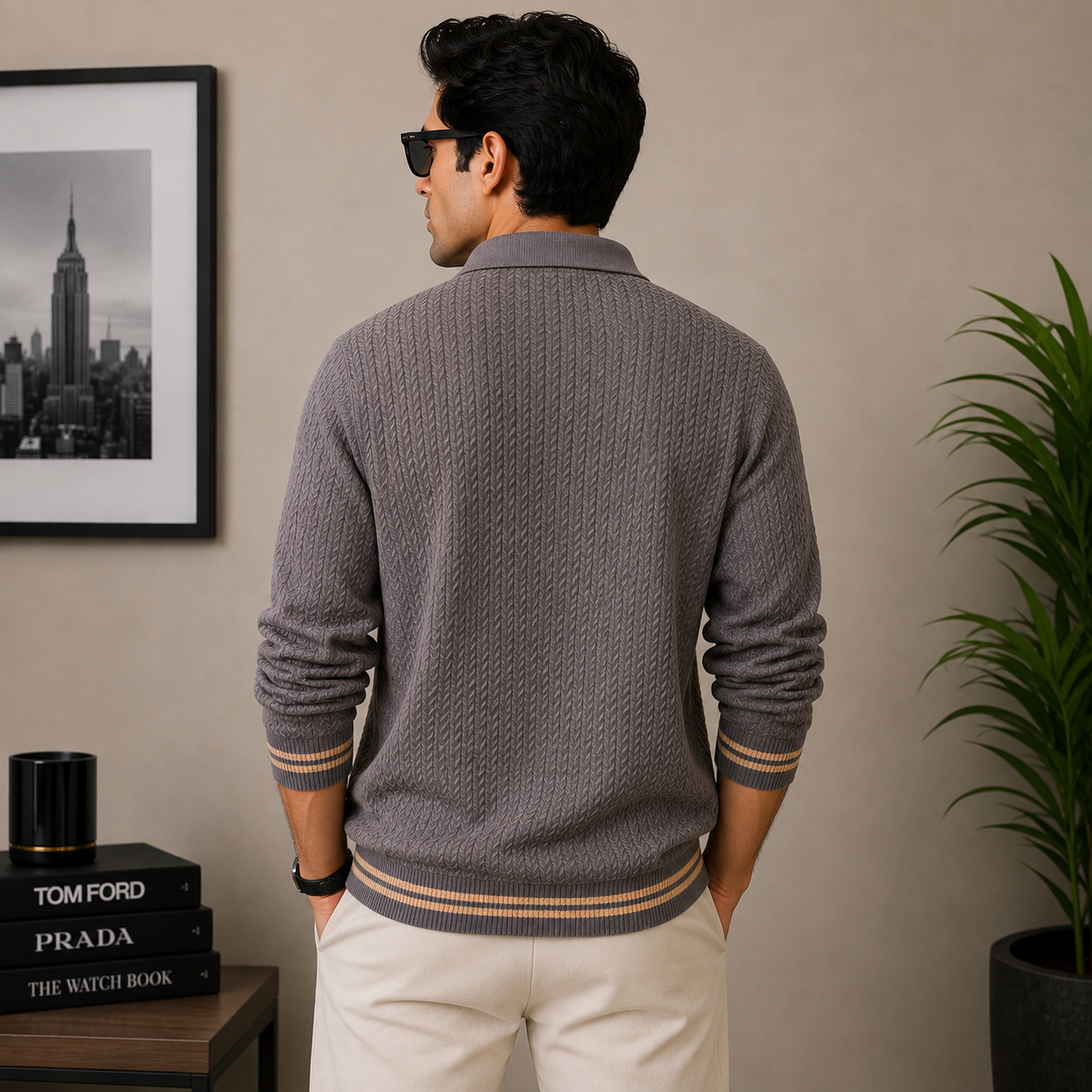 po_lo Men's Premium Grey Textured Knit Polo T-Shirt with Contrast Stripe Cuffs