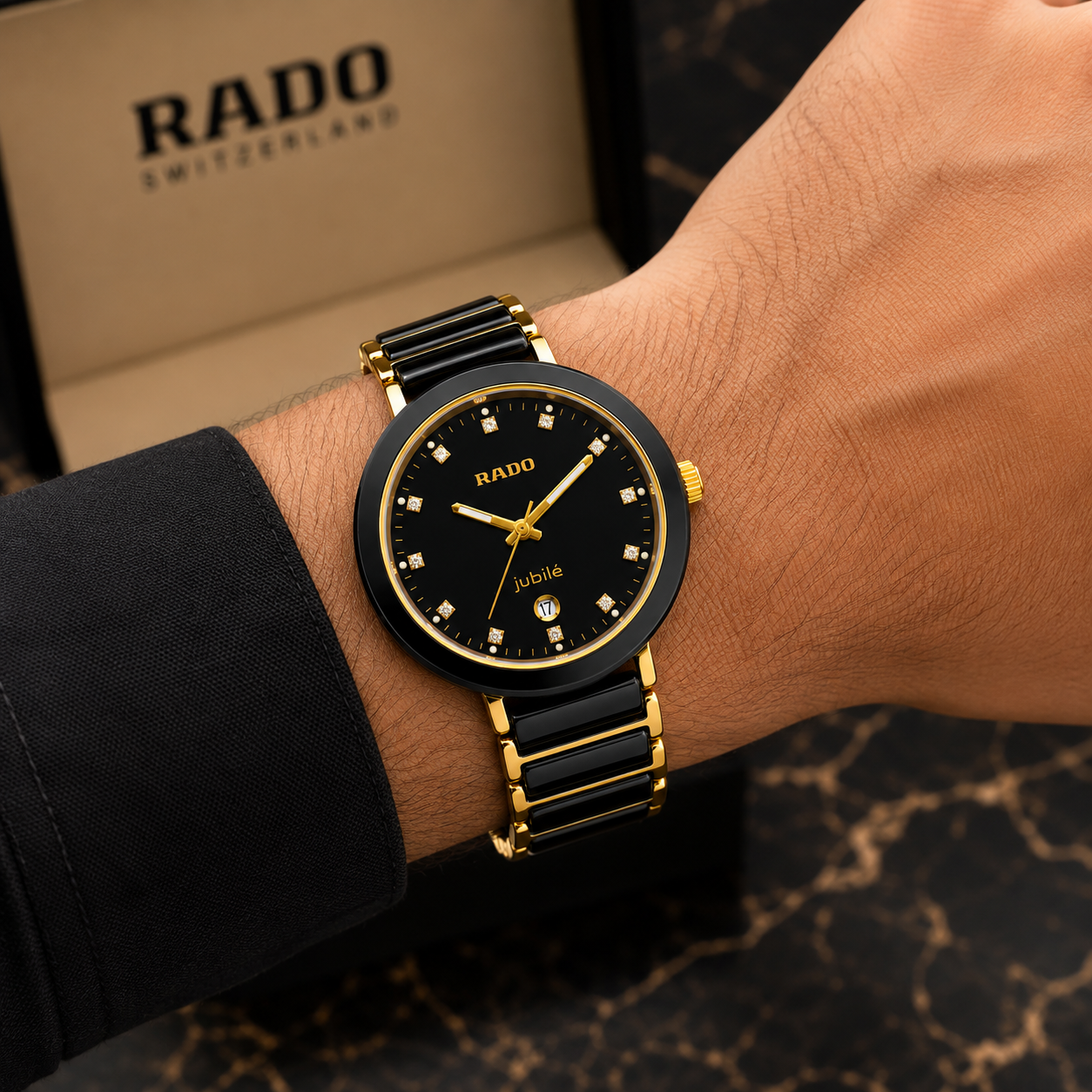 Ra_do Jubilé Black & Gold Ceramic Diamond Dial Watch