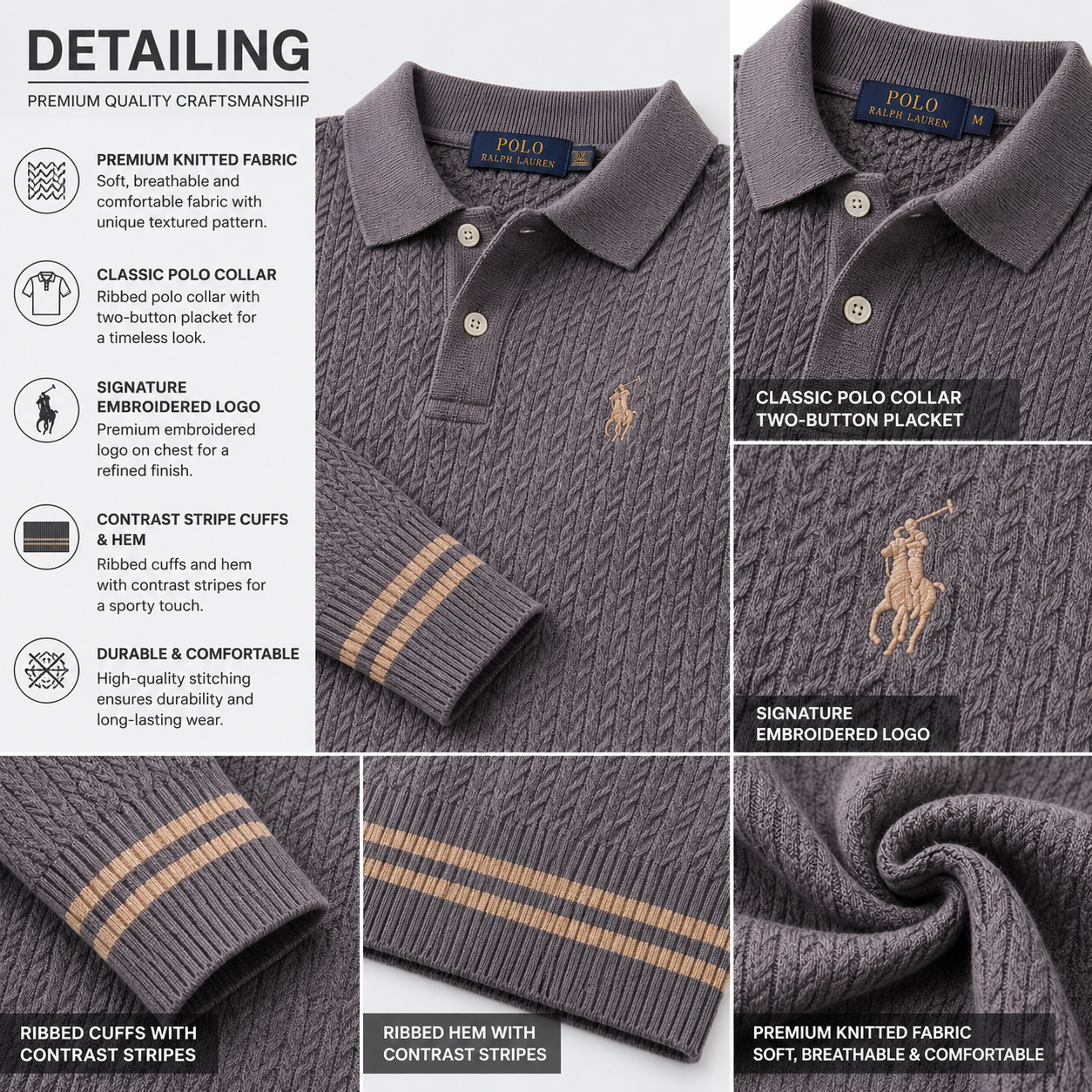 po_lo Men's Premium Grey Textured Knit Polo T-Shirt with Contrast Stripe Cuffs