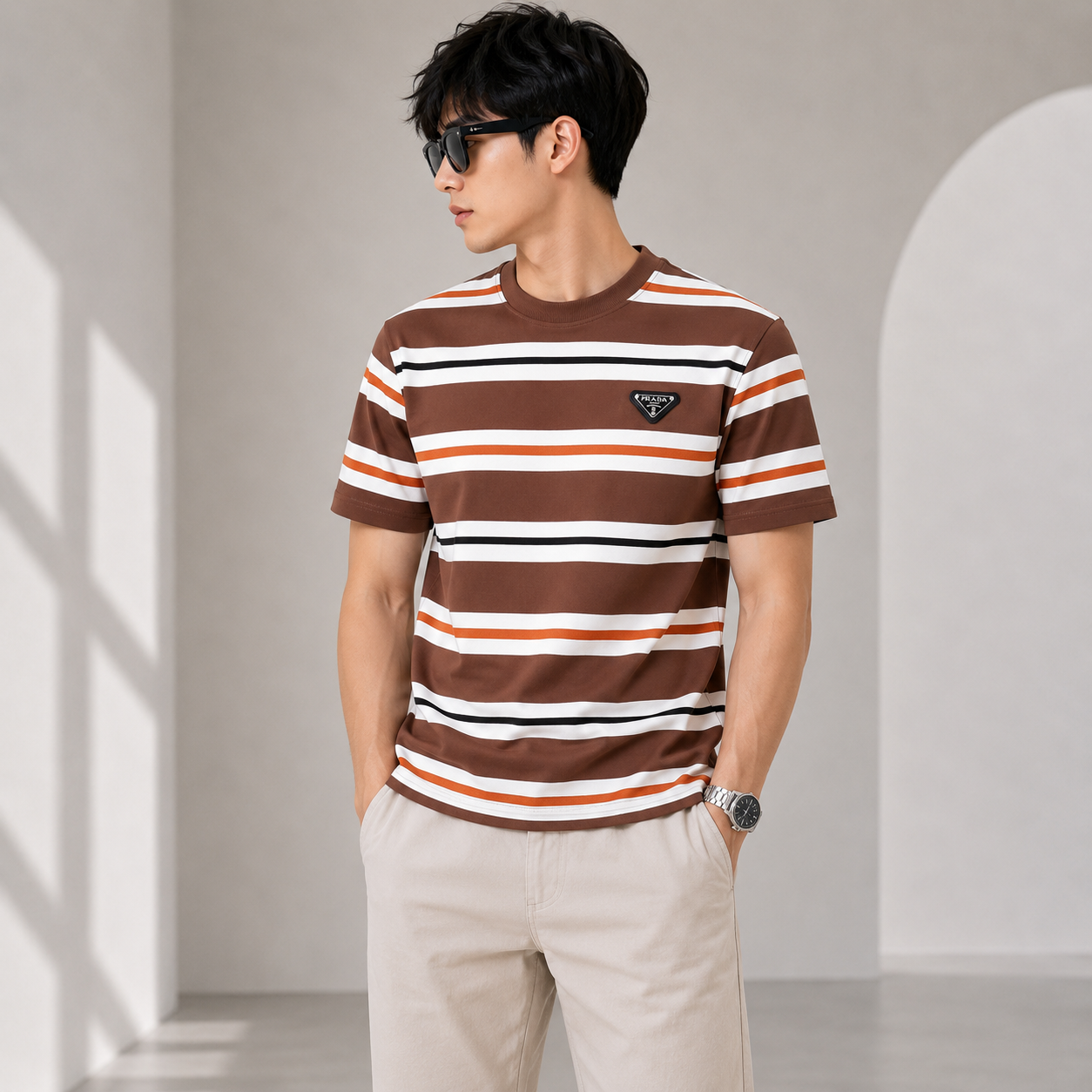 Pr_ada Men’s Premium Brown Striped T-Shirt | Round Neck Half Sleeve Designer Casual Tee
