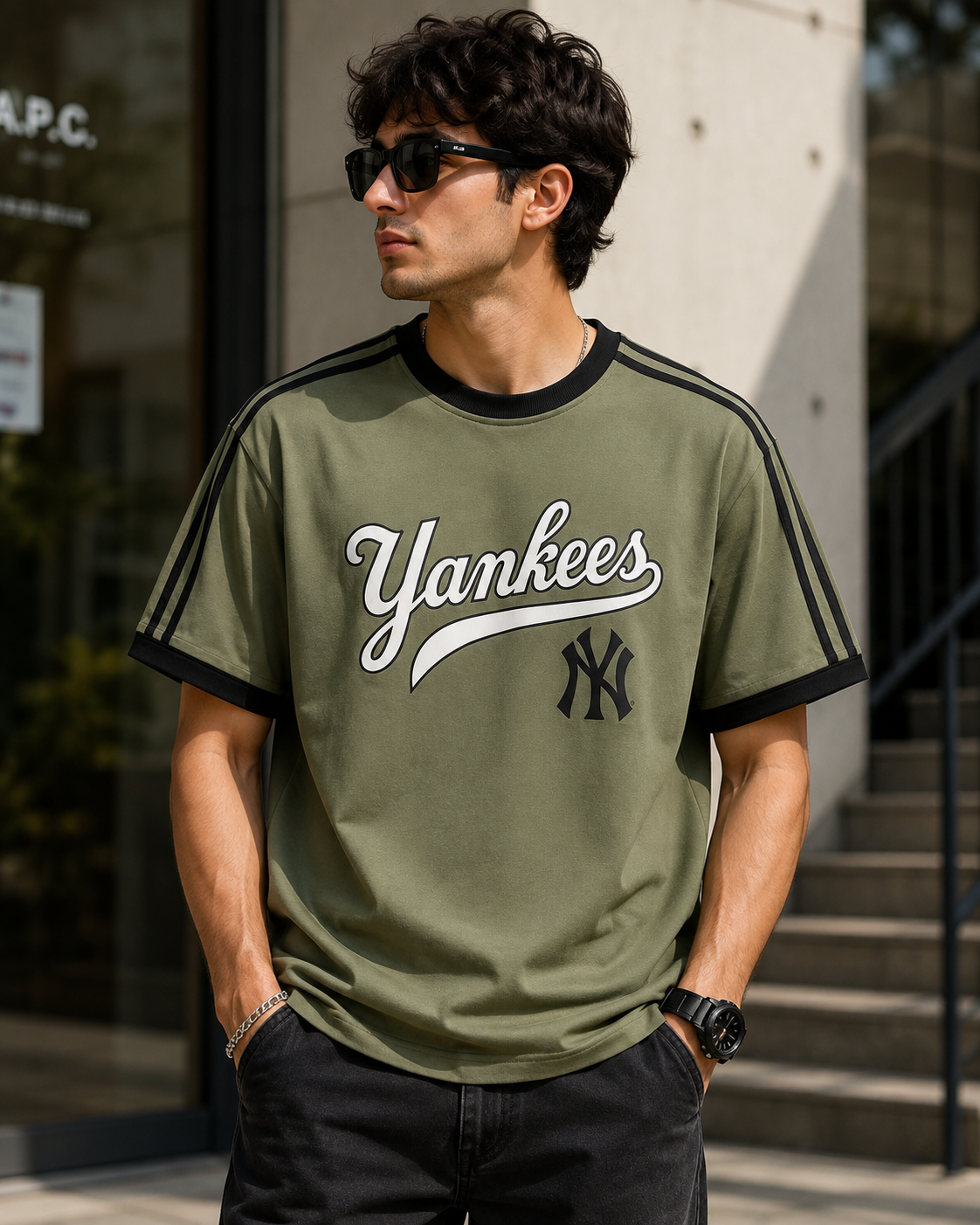 Ne_w Y_ork Yan_kees Inspired Men's Premium Olive Oversized Cotton T-Shirt with Contrast Stripe