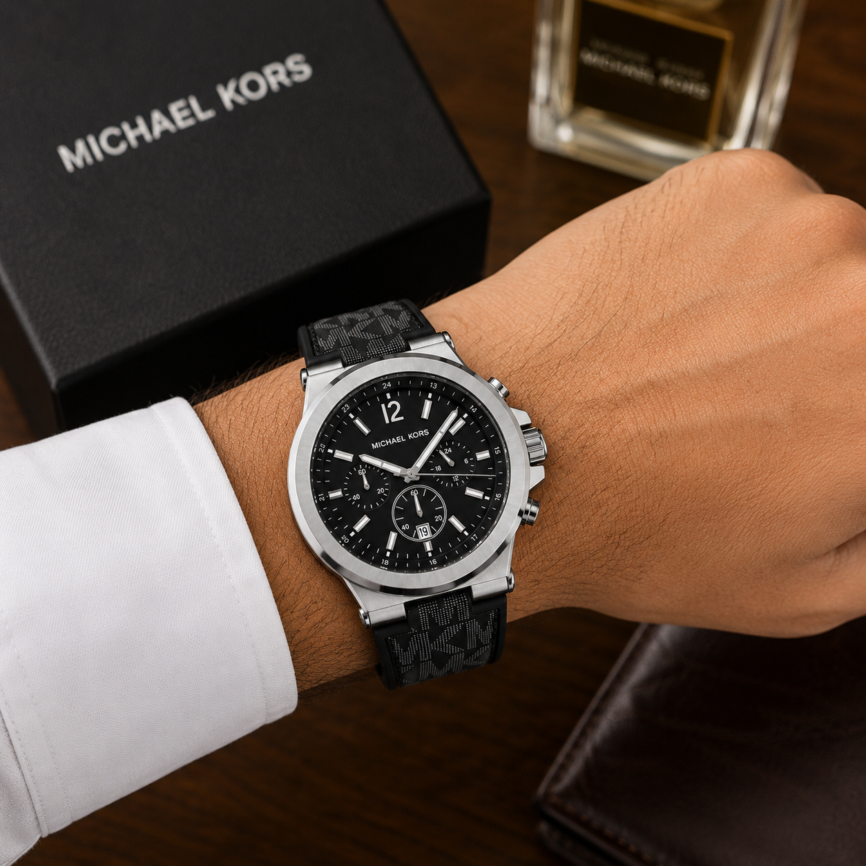 Mic_hael Ko_rs Black Dial Chronograph Men’s Watch – Silver Case & MK Pattern Strap