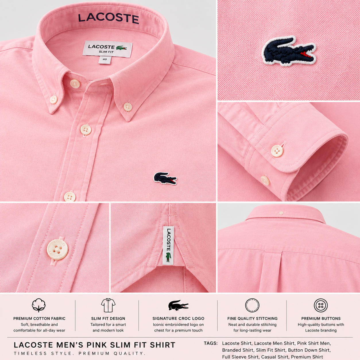 Lac_oste Men’s Pink Slim Fit Button-Down Shirt – Signature Crocodile Logo