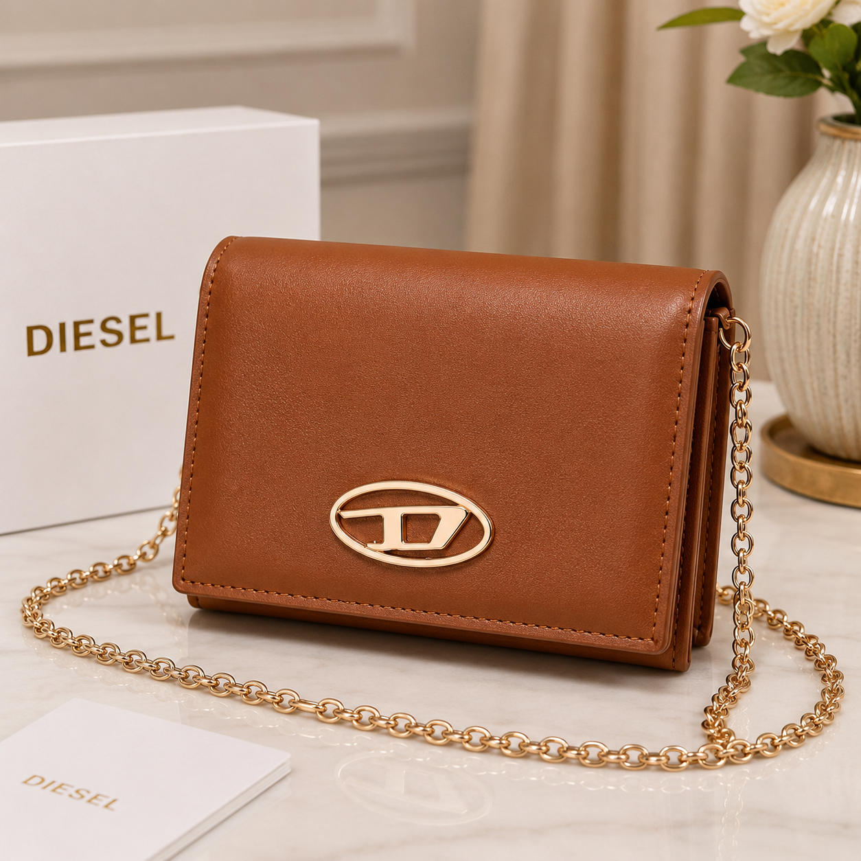 DIE_SEL Women’s Rust Brown Chain Shoulder Bag – Premium Compact Crossbody Handbag