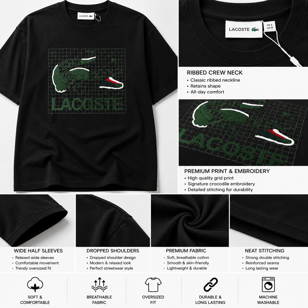 Lac_oste Men’s Black Graphic T-Shirt | Premium Crocodile Design Oversized Crew Neck Tee