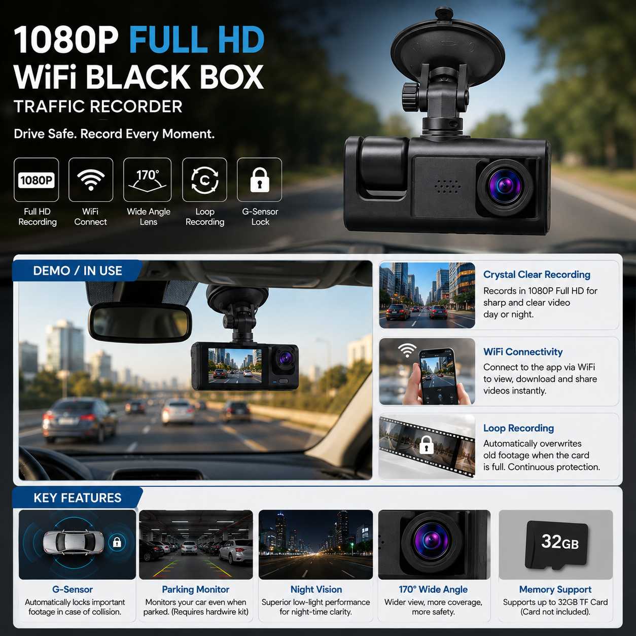 1080P Full HD WiFi Car Dash Camera – Black Box Traffic Recorder with Display & Suction Mount
