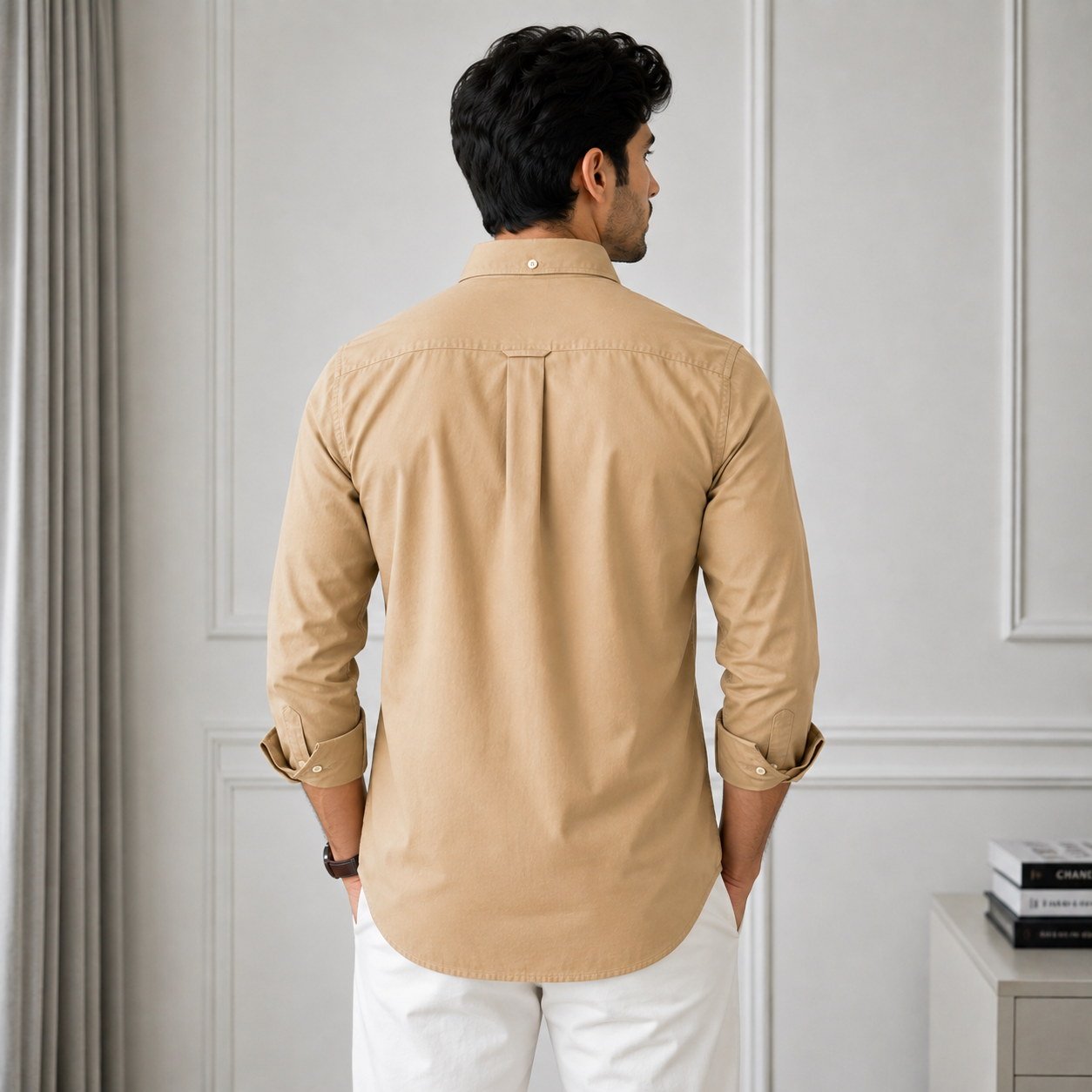 Lac_oste Men’s Beige Classic Fit Button-Down Shirt – Premium Casual Wear