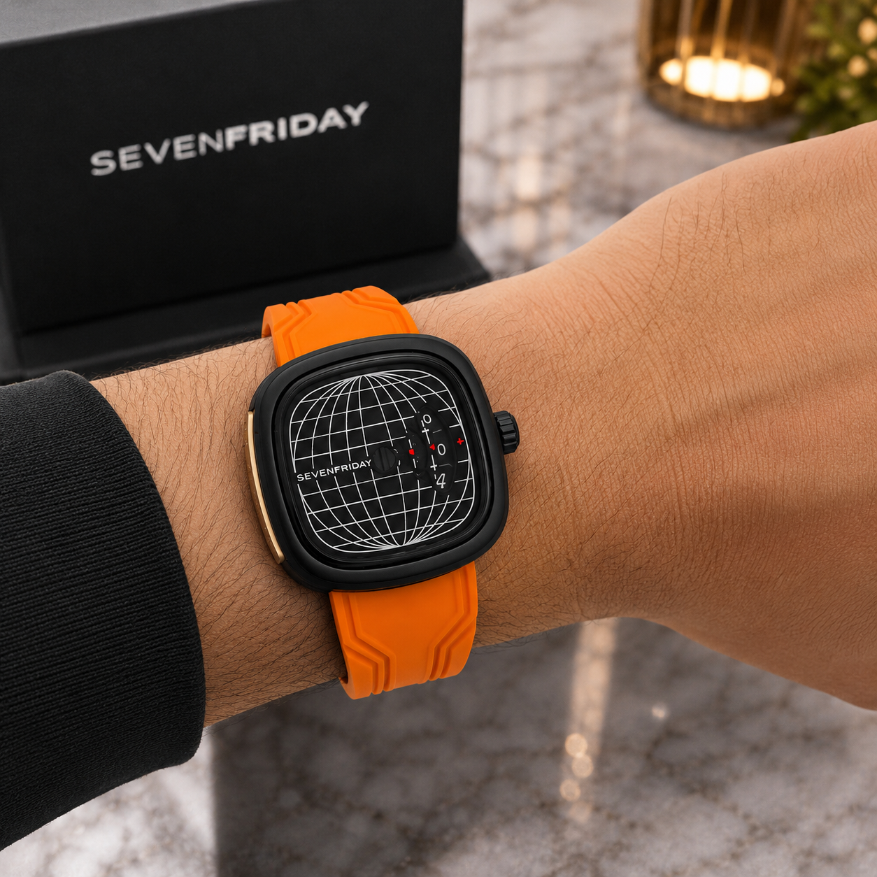 SE_VEN_FRI_DAY ME1/01 Men's Statement Watch – Black Globe Dial with Orange Silicone Strap