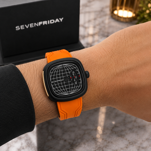 SE_VEN_FRI_DAY ME1/01 Men's Statement Watch – Black Globe Dial with Orange Silicone Strap