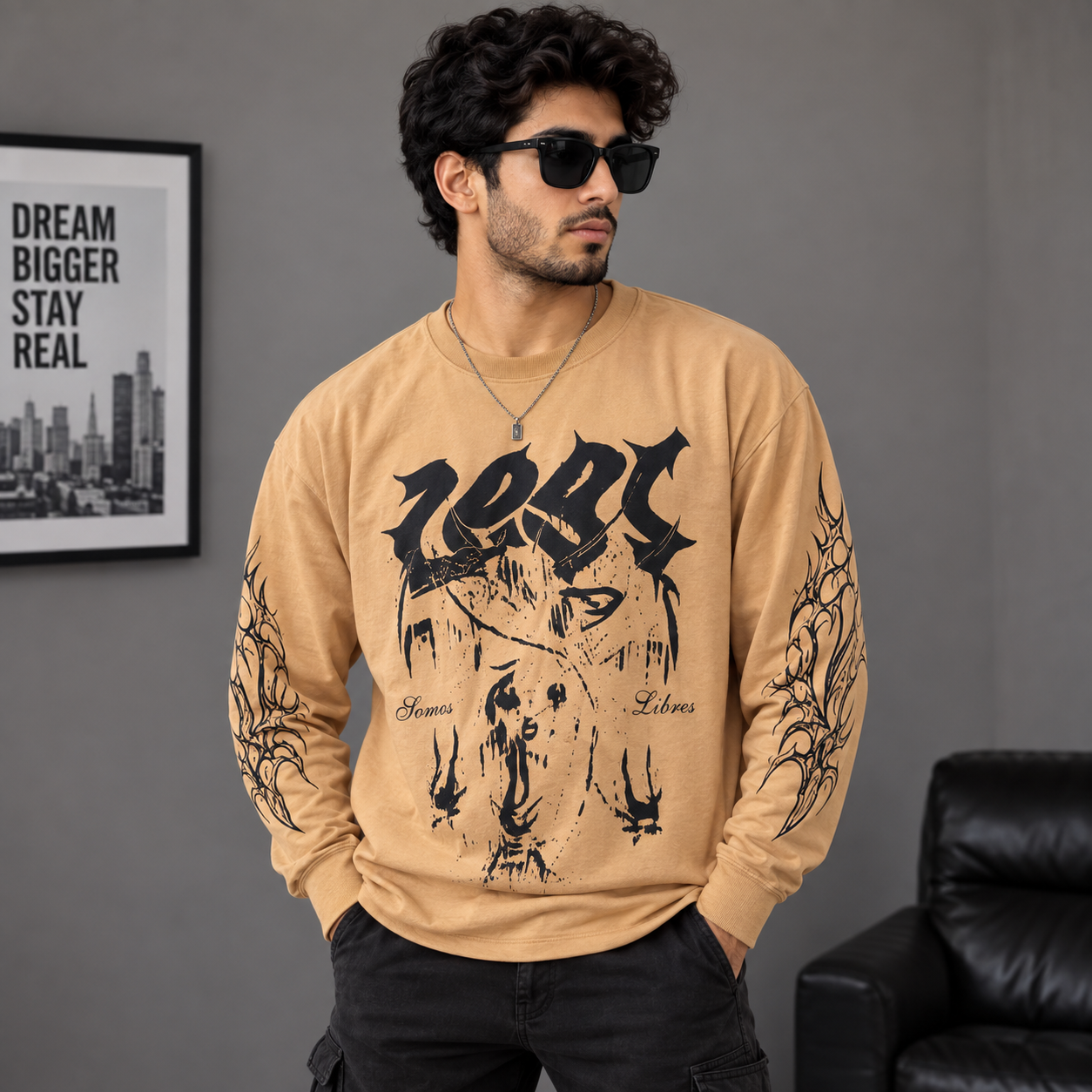 za_ra Men's Camel Oversized Graphic Print Full Sleeve T-Shirt