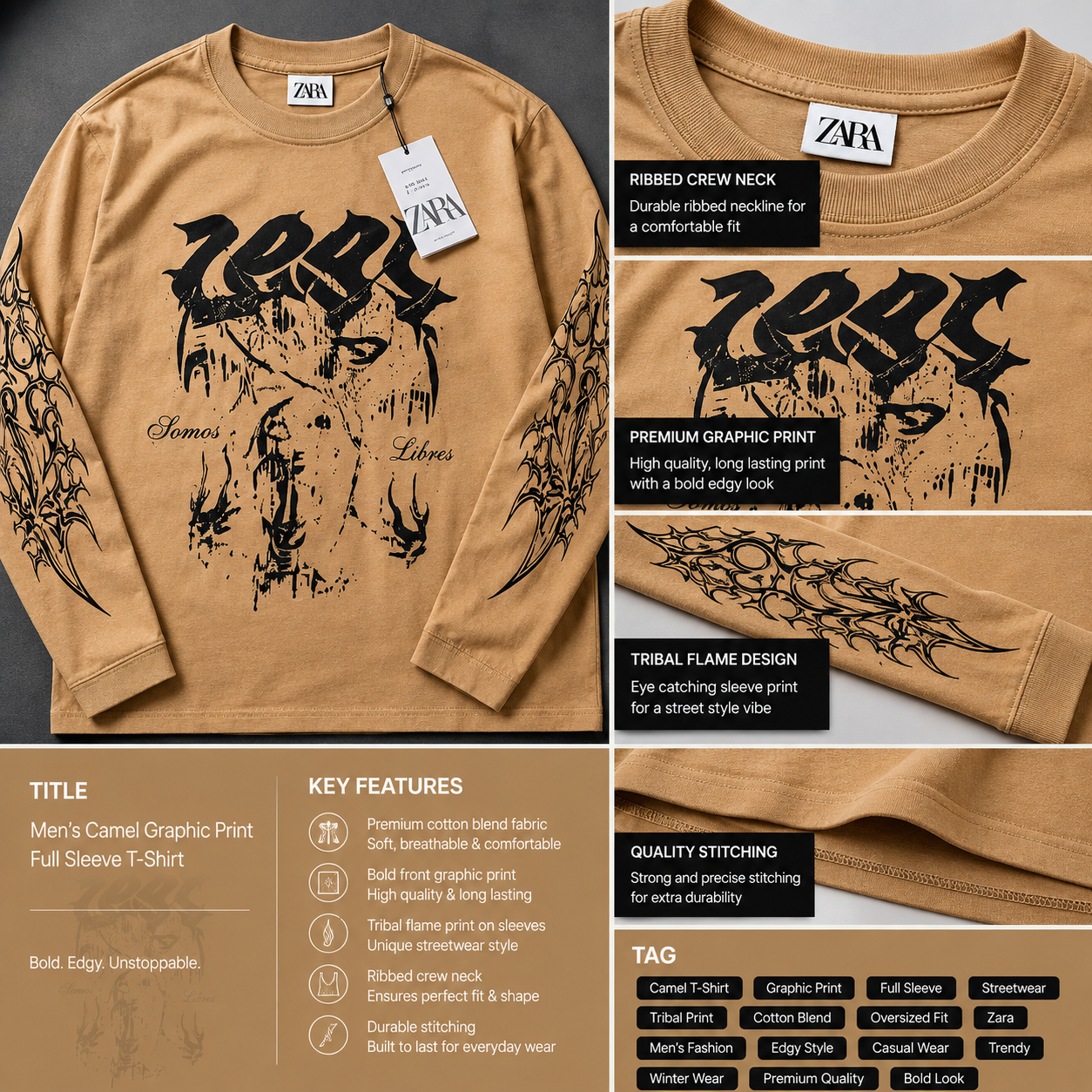 za_ra Men's Camel Oversized Graphic Print Full Sleeve T-Shirt