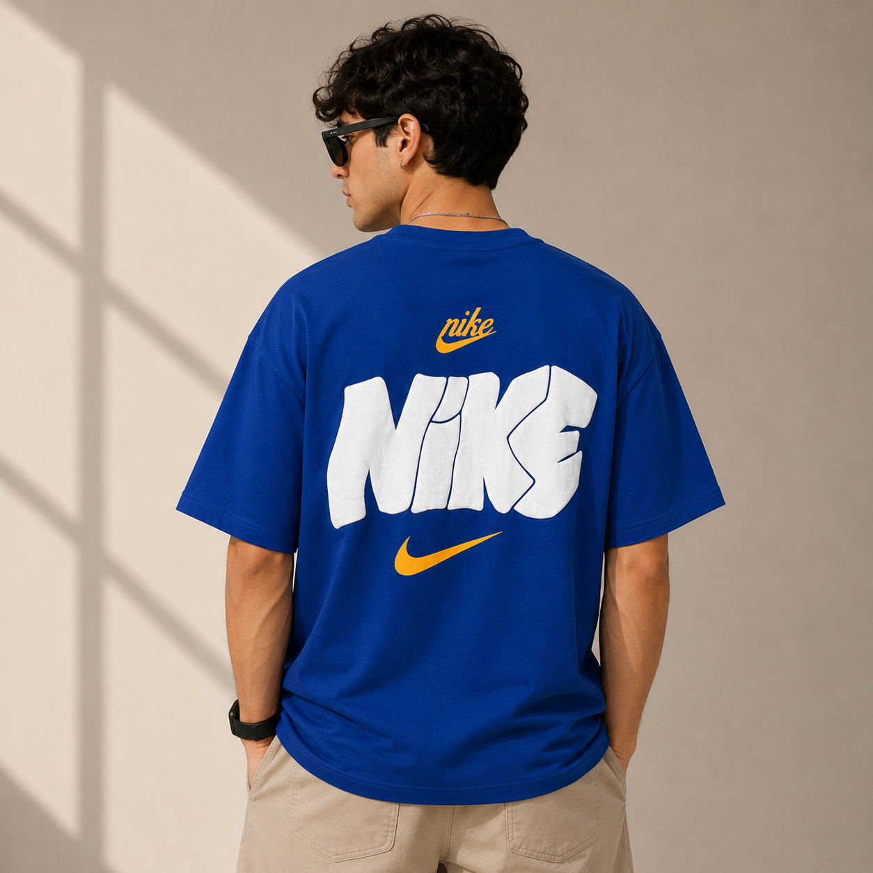 Ni_ke Men’s Royal Blue Oversized Graphic T-Shirt – White & Yellow Streetwear Tee