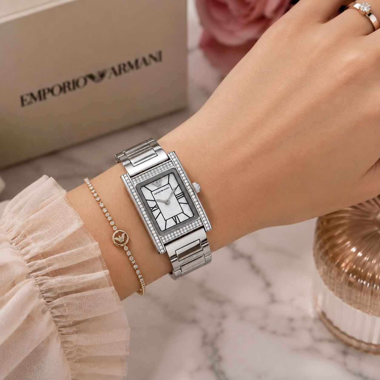 Em_porio Ar_mani Women’s Rectangular Crystal Watch – Mother-of-Pearl Dial & Silver Bracelet