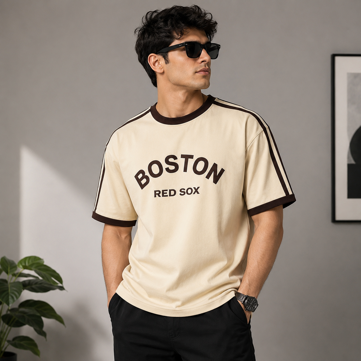 Bo_ston Re_d S_ox Contrast Stripe Oversized Half Sleeve T-Shirt for Men