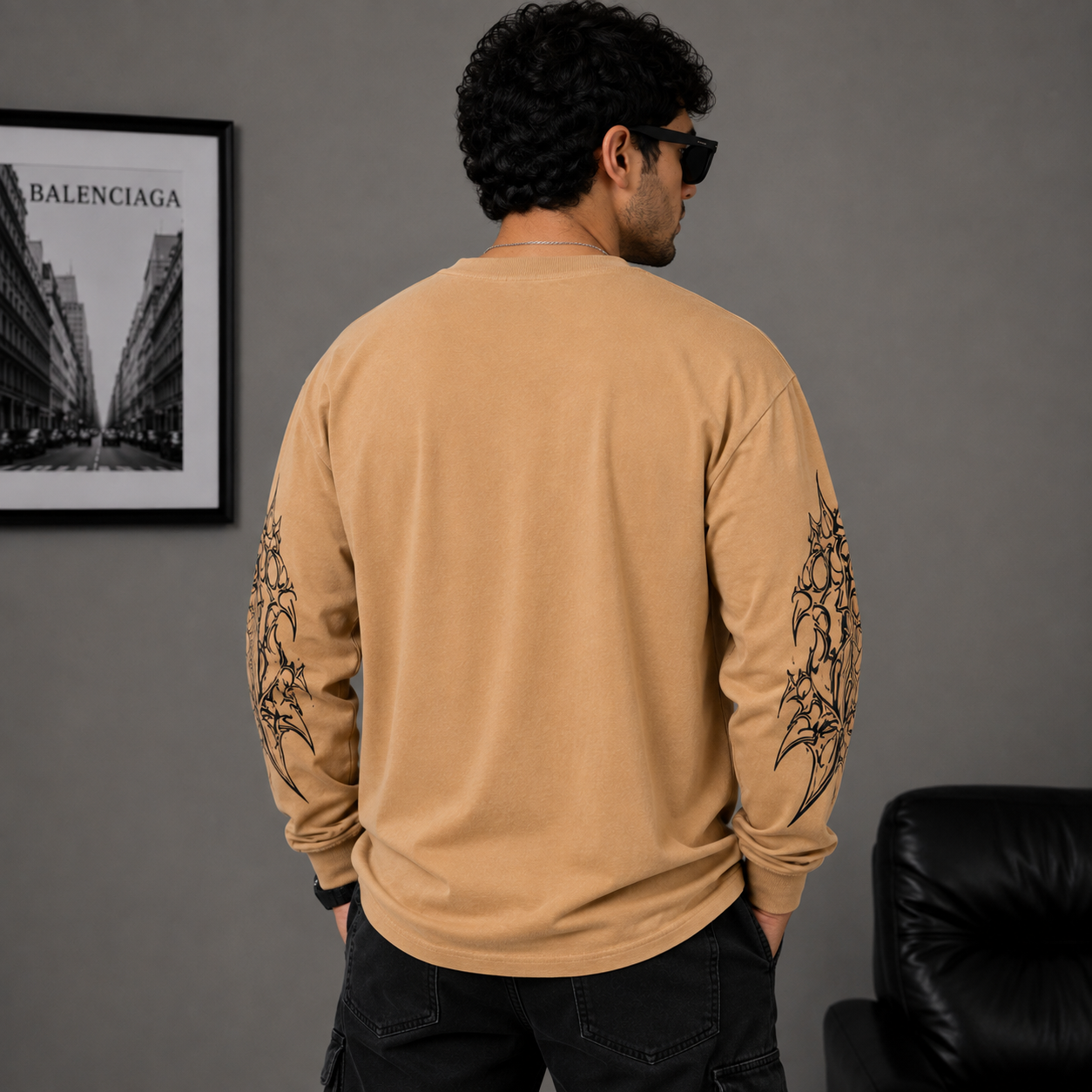 za_ra Men's Camel Oversized Graphic Print Full Sleeve T-Shirt