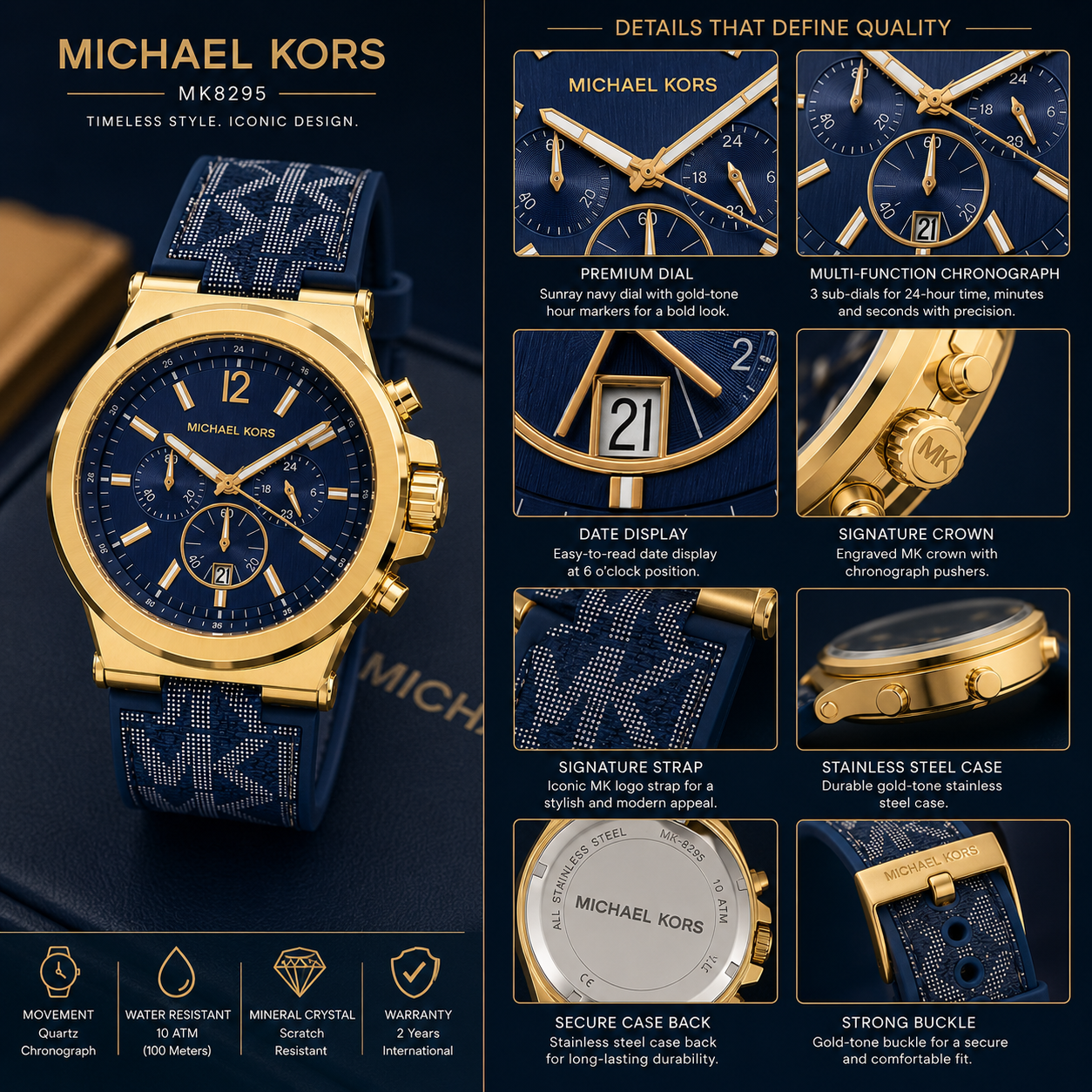 Mic_hael Ko_rs Gold-Tone Blue Dial Chronograph Watch with Signature Strap