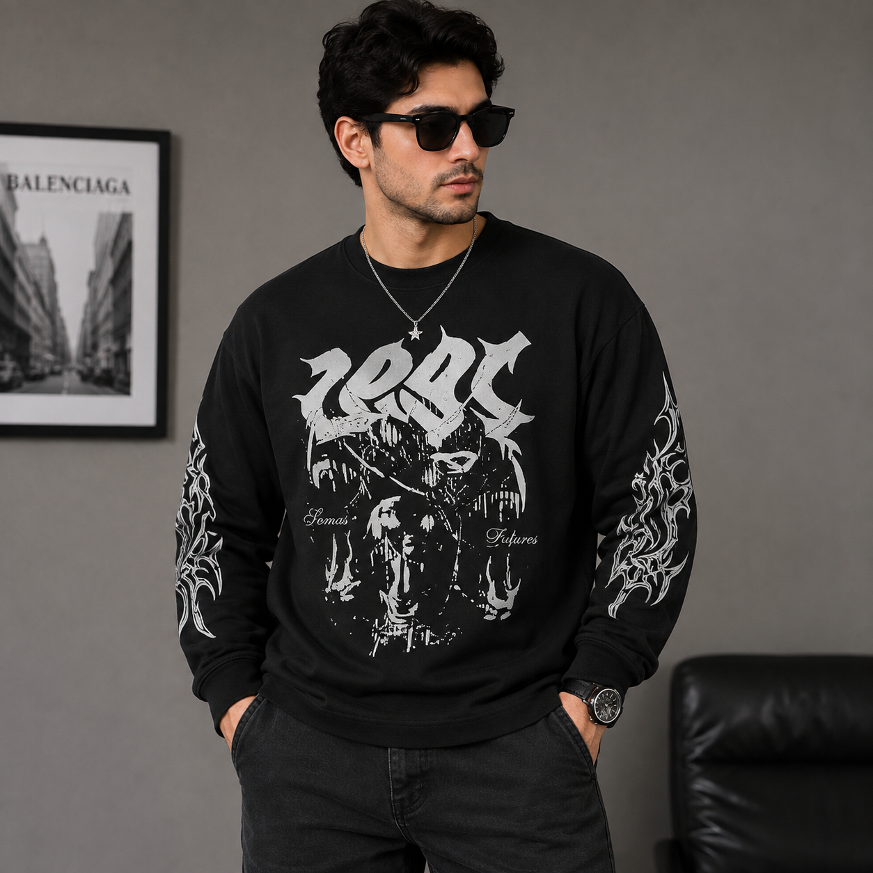 za_ra Men's Black Oversized Graphic Print Full Sleeve T-Shirt