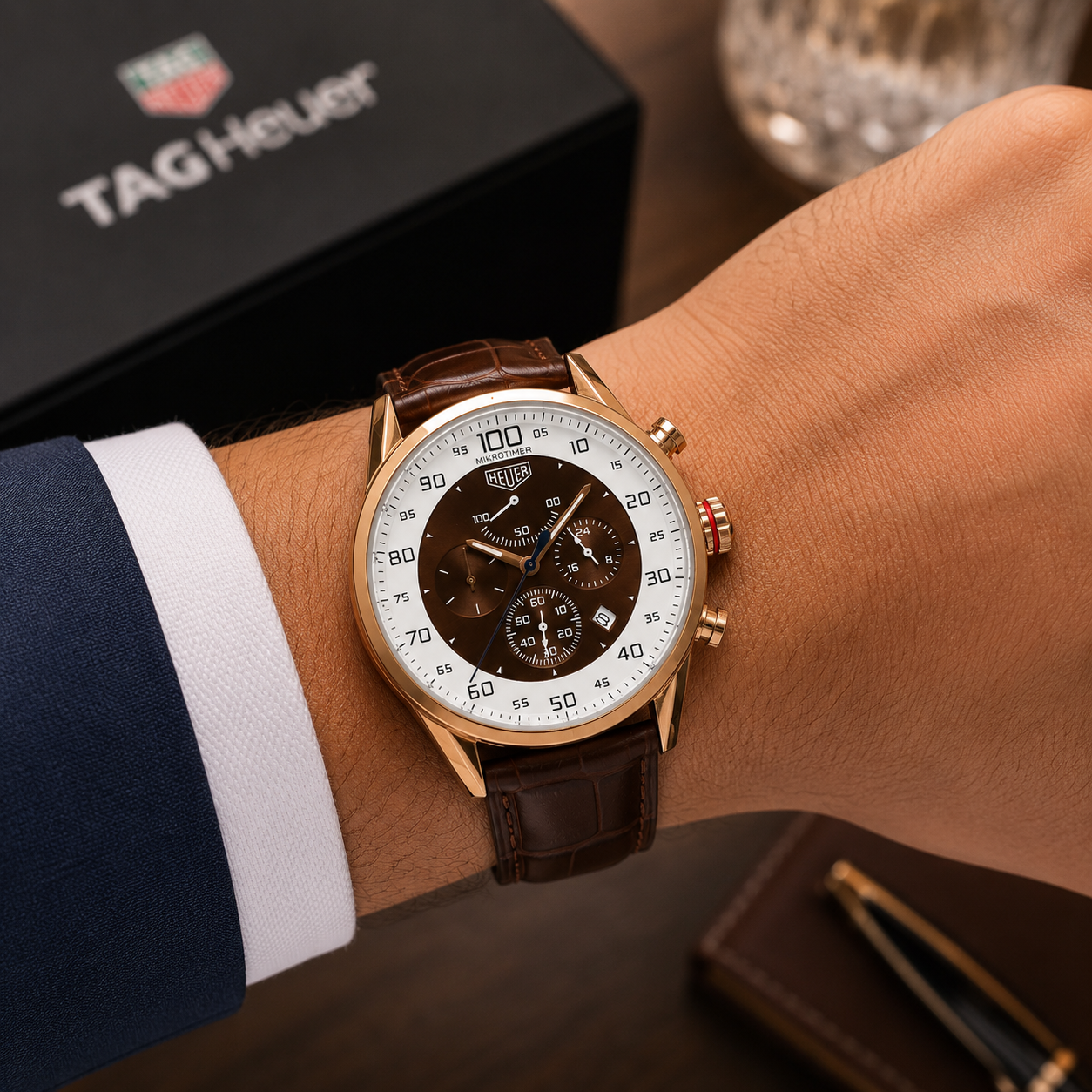 T_AG He_uer Mikrotimer Men’s Chronograph Watch – Rose Gold Case, Brown Dial & Leather Strap