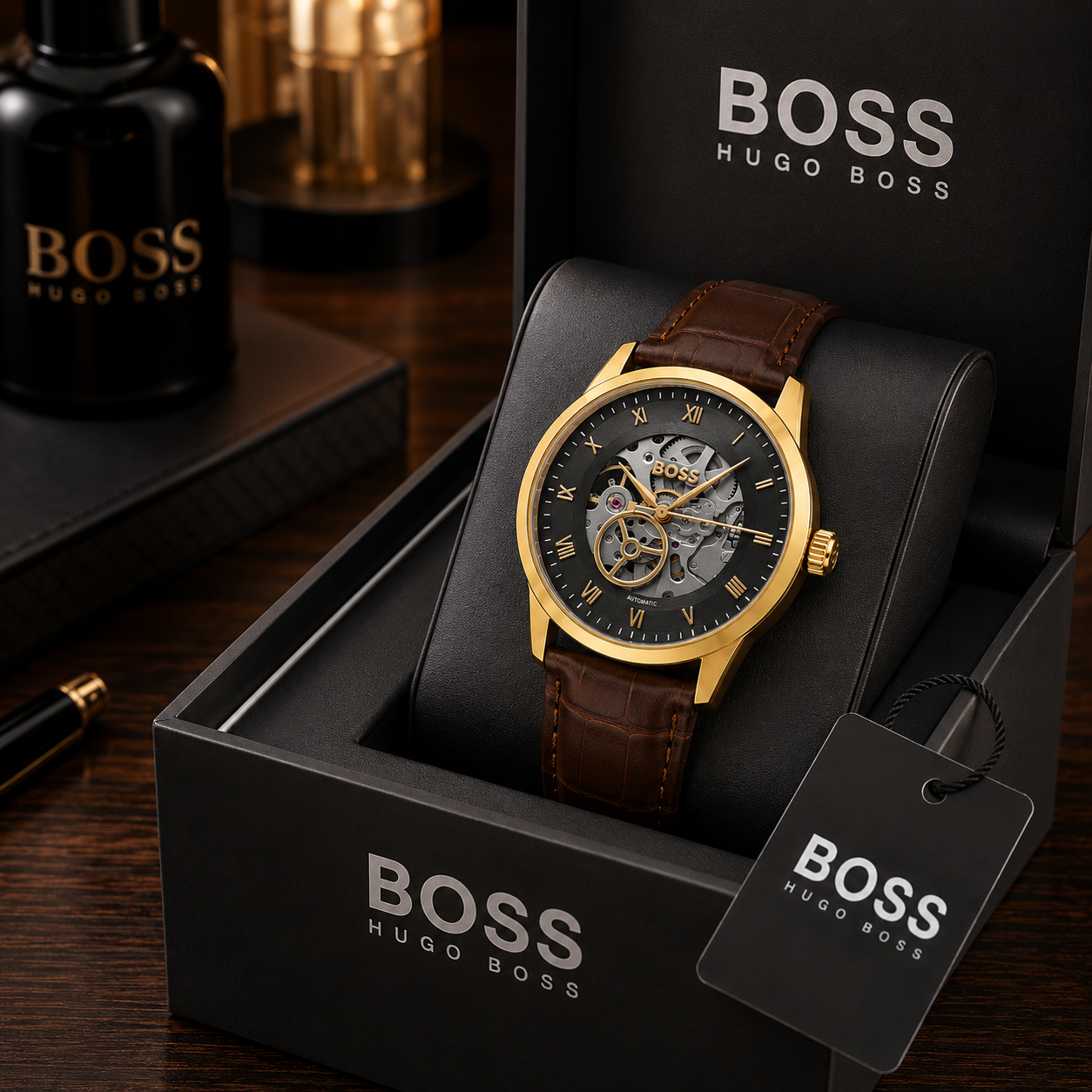 BO_SS Hugo Boss Gold Automatic Skeleton Men’s Watch – Brown Leather Strap