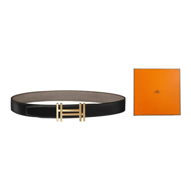 HERMES Double H Block Gold Buckle Togo Calfskin Reversible Leather Belt Men's Black/Tin Grey Width 3.2cm