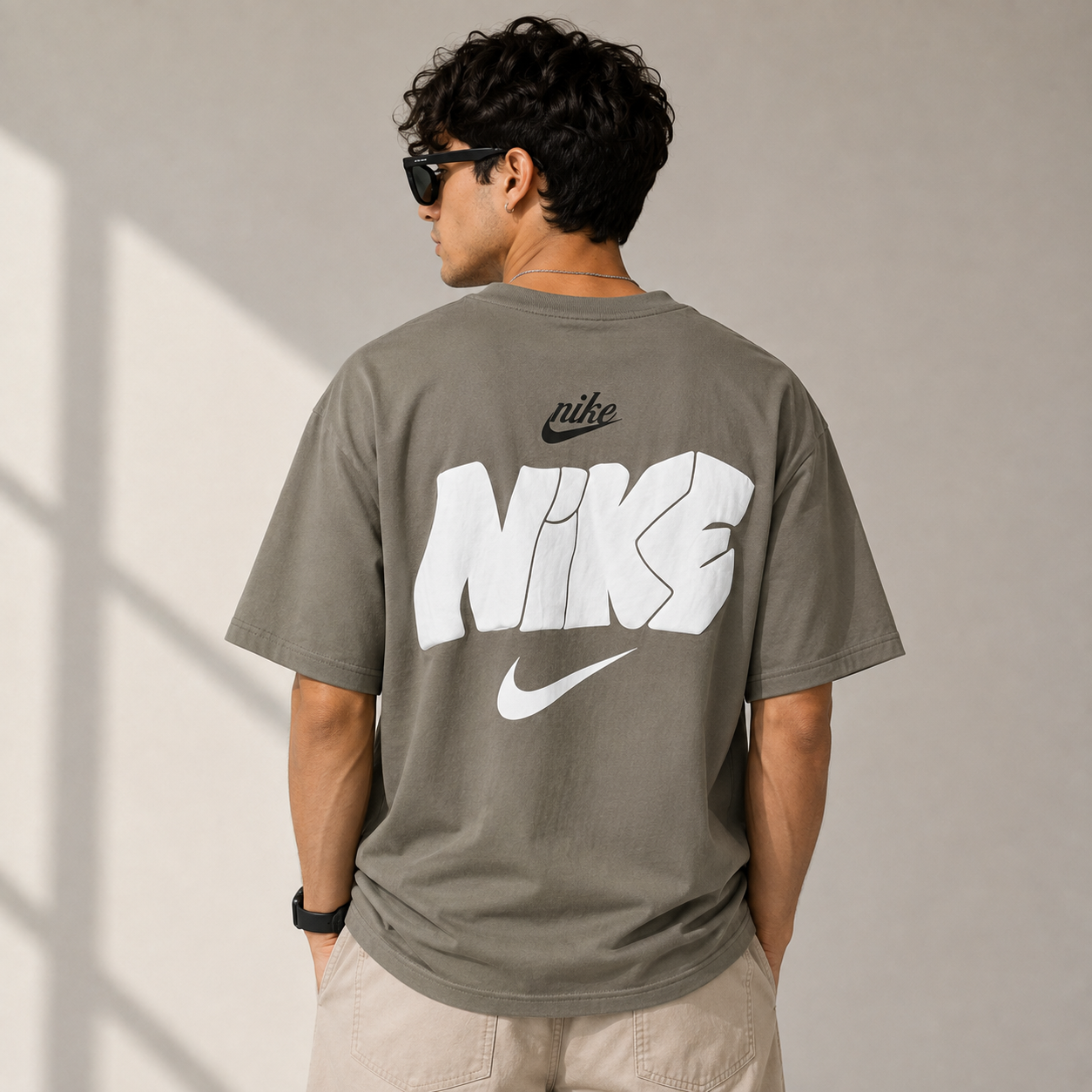 Ni_ke Men’s Grey Oversized Graphic T-Shirt – Swoosh Print Streetwear Tee