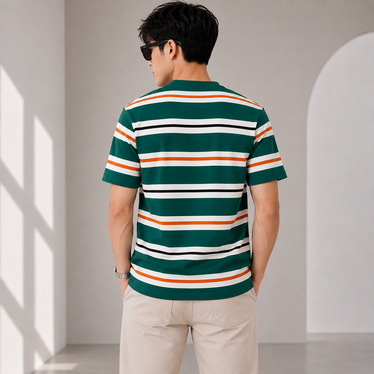 Pr_ada Men’s Premium Green Striped T-Shirt | Round Neck Half Sleeve Casual Tee