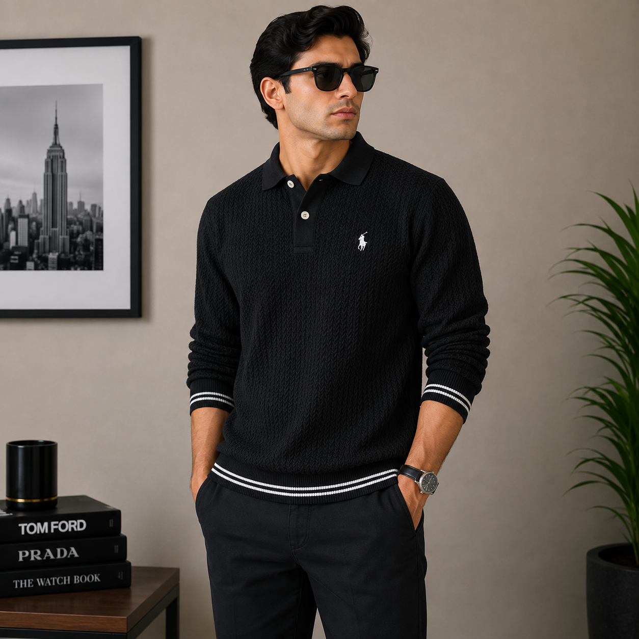 po_lo Men's Premium Black Textured Knit Polo T-Shirt with Contrast Stripe Cuffs