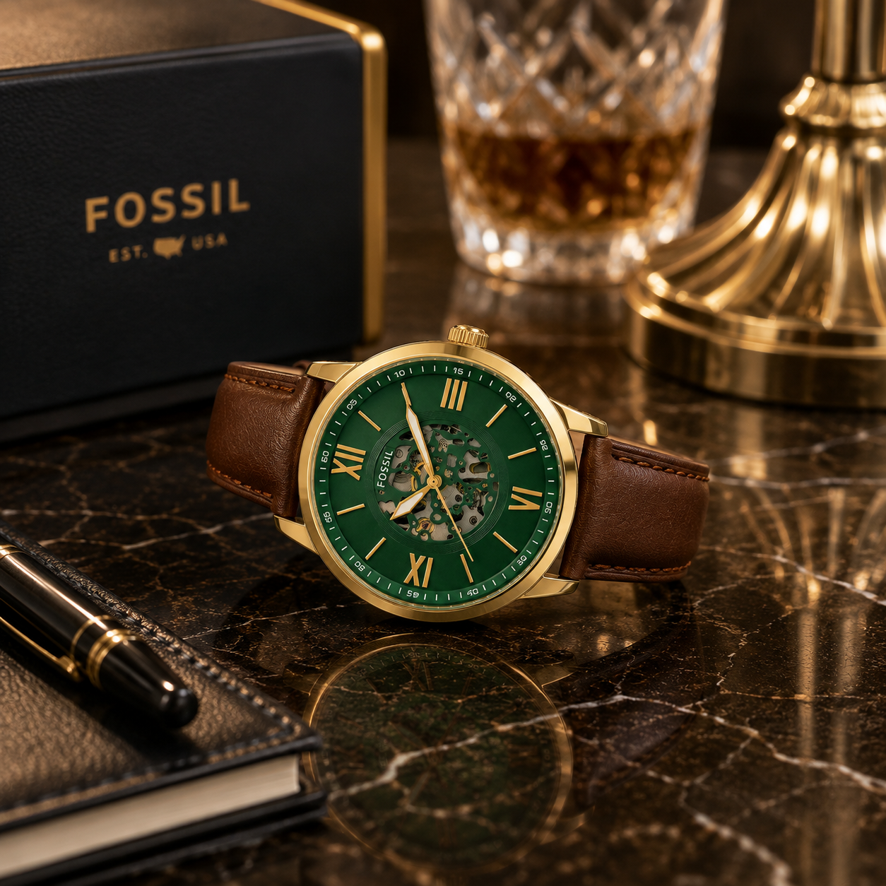 Fo_ssil Automatic Skeleton Men’s Watch – Green Dial, Gold-Tone Case & Brown Leather Strap