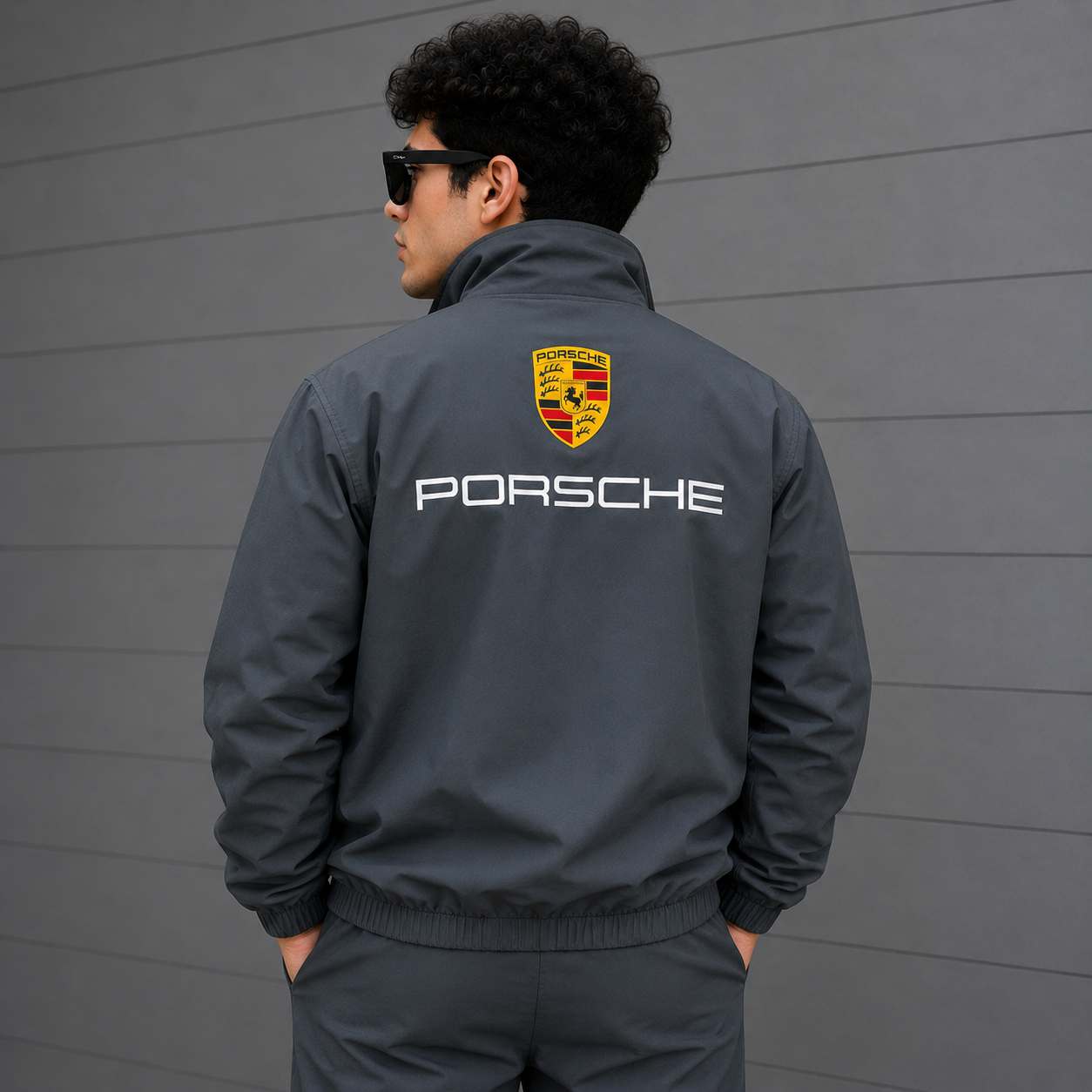 Por_sche Motor_sport x Pu_ma Men’s Charcoal Grey Racing Track Jacket – Premium Zip-Up Jacket