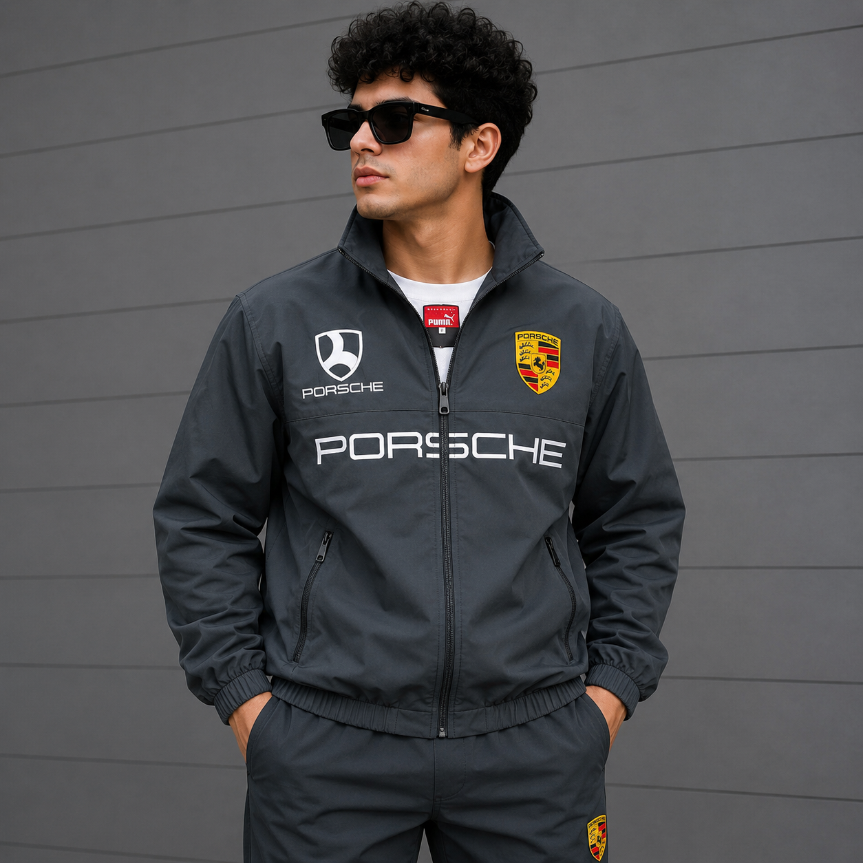 Por_sche Motor_sport x Pu_ma Men’s Charcoal Grey Racing Track Jacket – Premium Zip-Up Jacket
