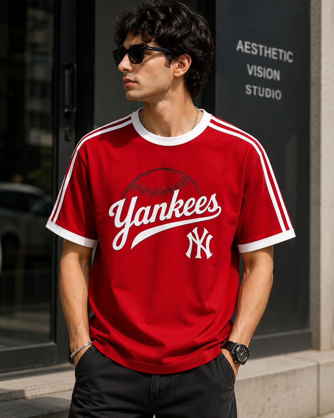Ne_w Yo-rk Yan_kees Inspired Men's Premium Red Oversized Cotton T-Shirt with Contrast Stripe