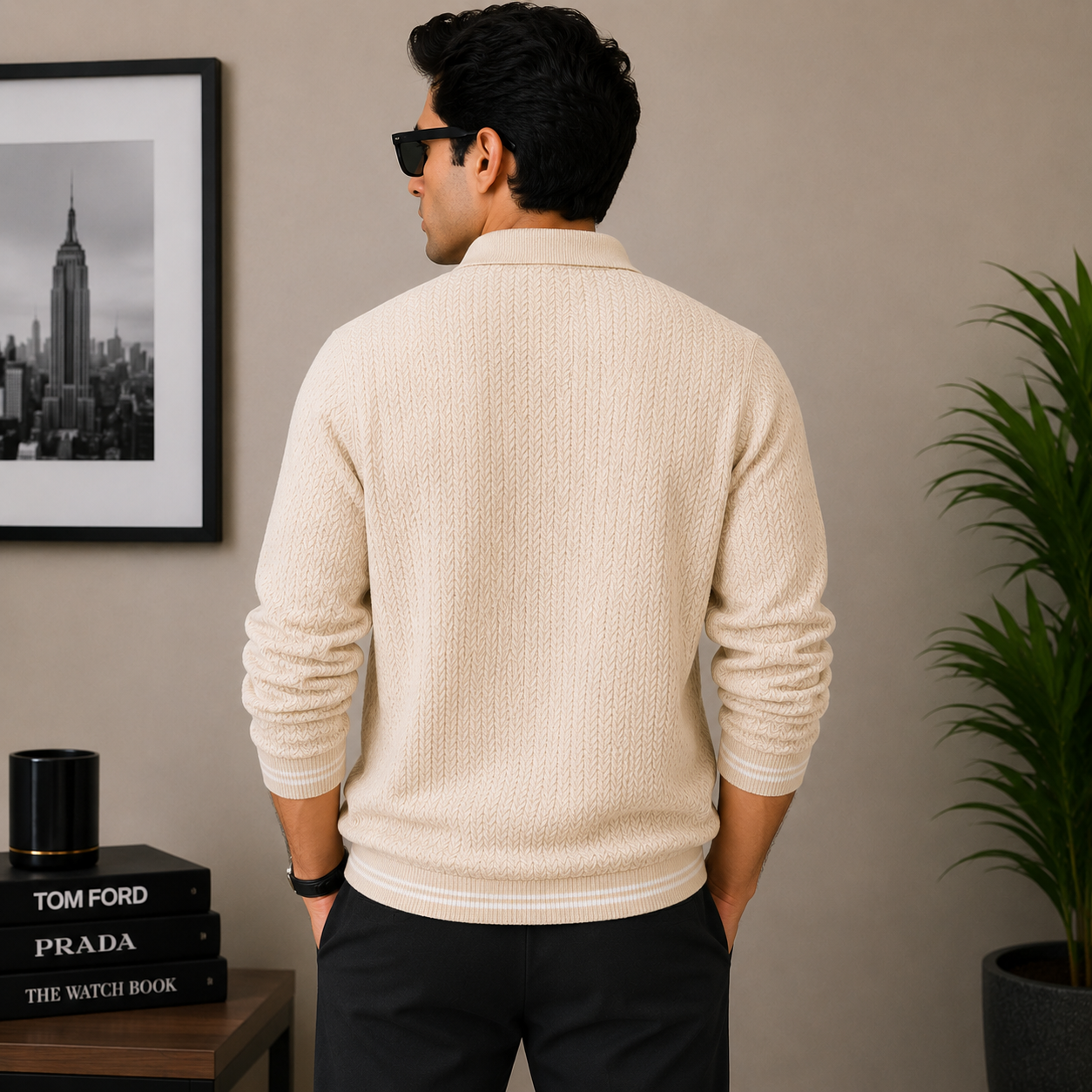 po_lo Men's Premium Beige Textured Knit Polo T-Shirt with Contrast Stripe Cuffs