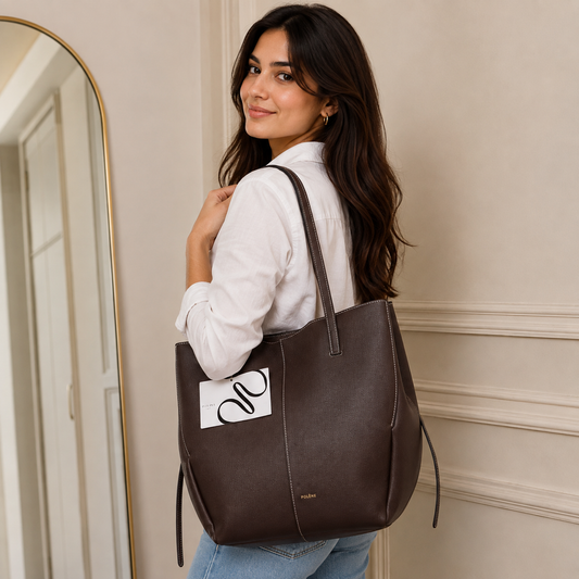 POL_ÈNE Women’s Chocolate Brown Textured Tote Bag – Premium Large Shoulder Carryall