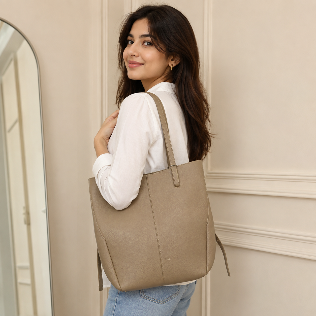POL_ÈNE Women’s Taupe Textured Leather Tote Bag – Elegant Large Shoulder Carryall