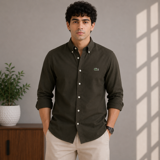 Lac_oste Men’s Blackish Green Slim Fit Button-Down Shirt – Signature Crocodile Logo