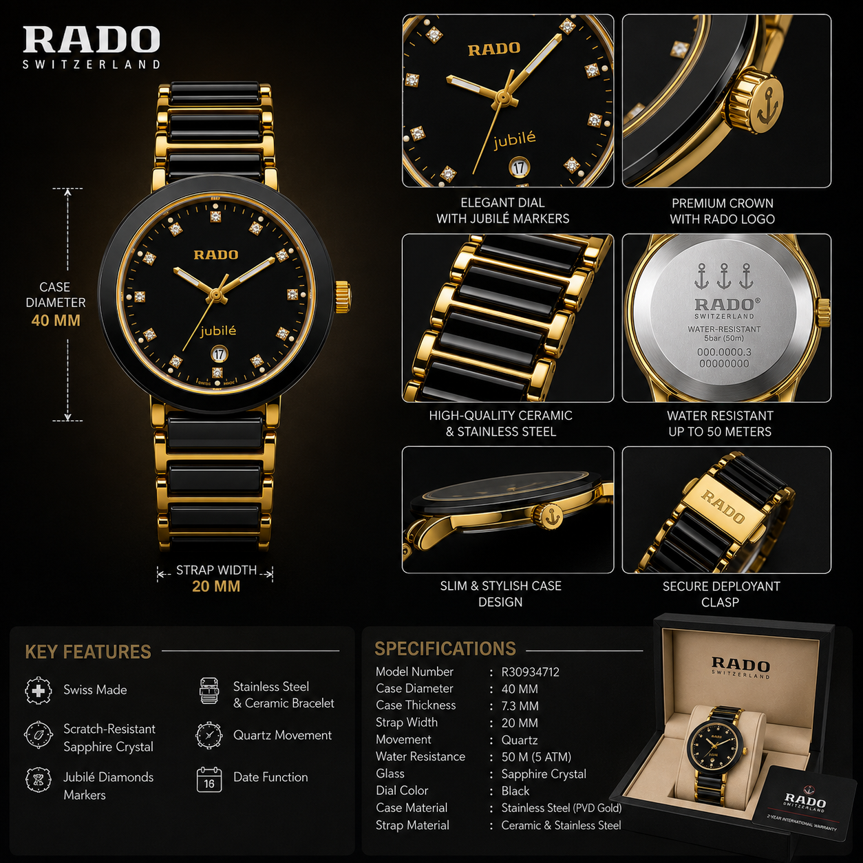 Ra_do Jubilé Black & Gold Ceramic Diamond Dial Watch