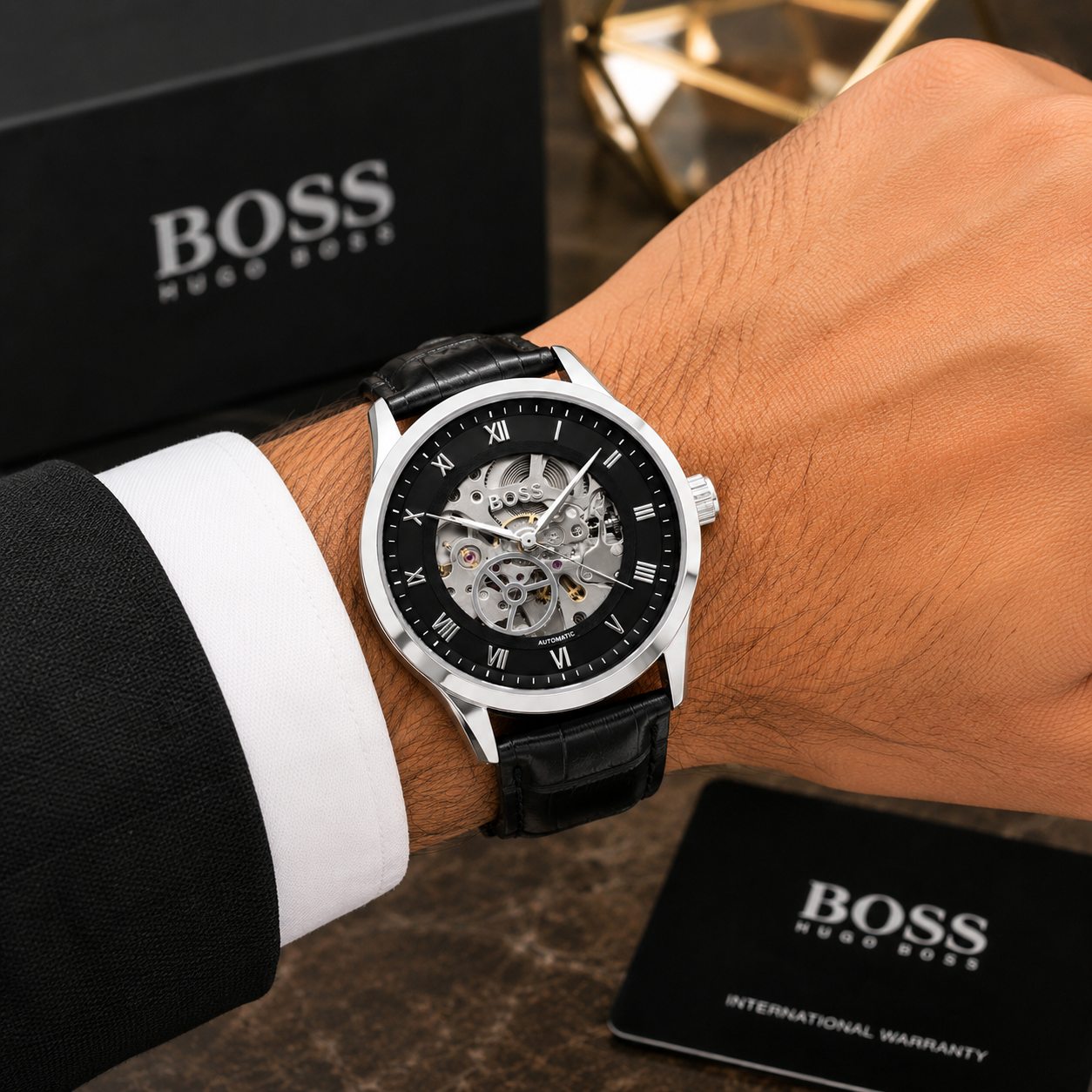 Hu_go Bo_ss Skeleton Automatic Black Leather Strap Watch