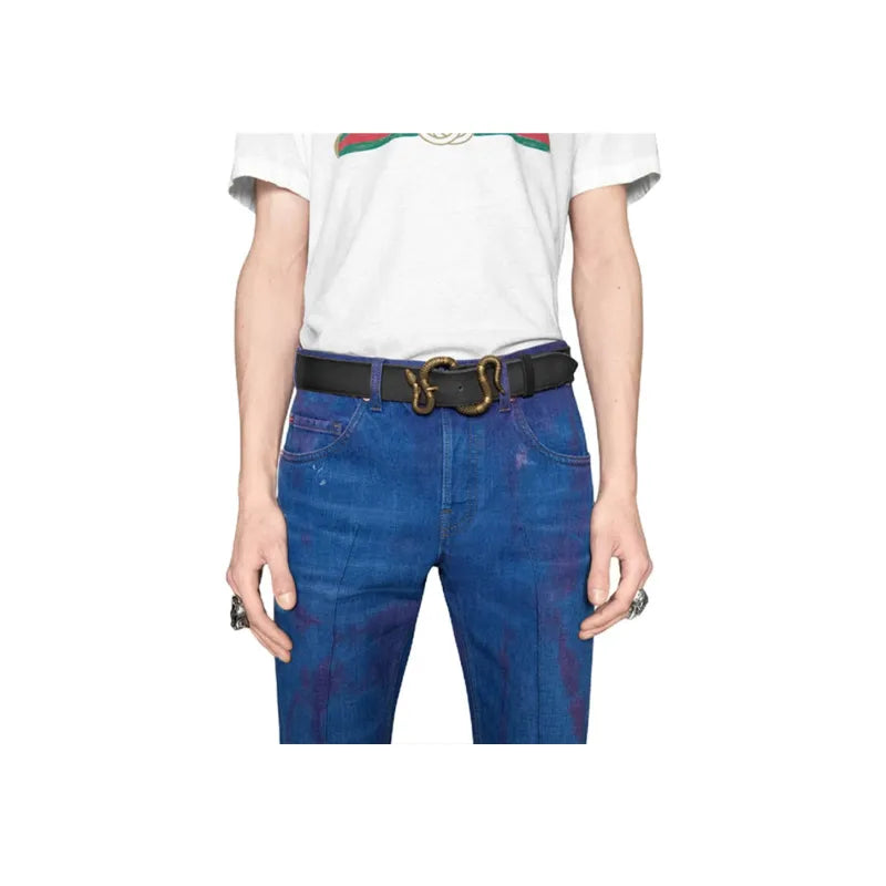Gucci Original Cut Snake Casual Belt Leather Belt Men's Black 4CM Width