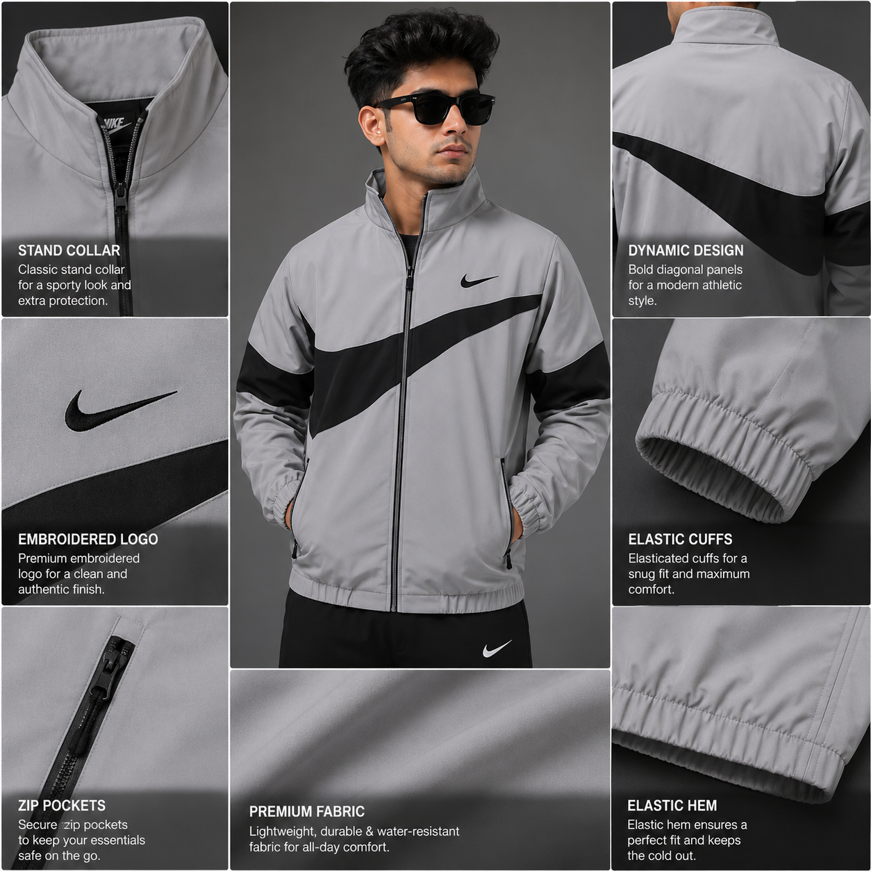 Ni_ke Men's Grey Color Block Zip-Up Sports Jacket | Lightweight Casual Windbreaker