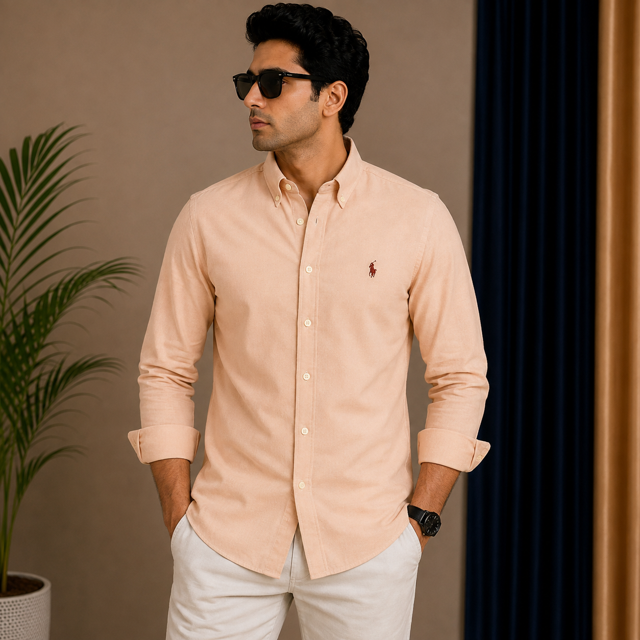 Po_lo RAL_PH LAU_REN Men’s Premium Peach Oxford Shirt – Embroidered Button-Down Full Sleeve Shirt