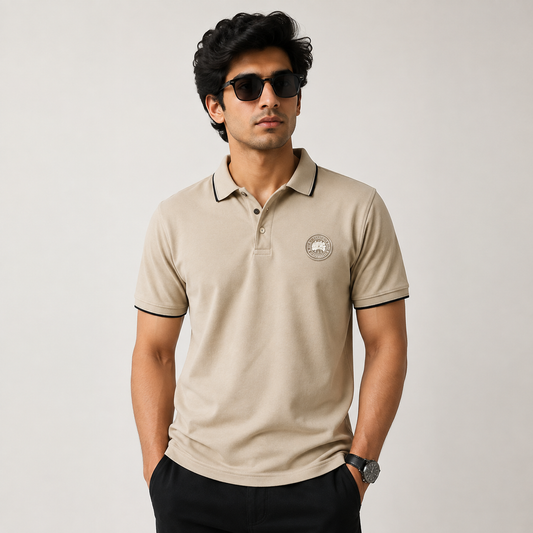 Men’s Beige Classic Polo T-Shirt with Contrast Trim & Embroidered Chest Logo
