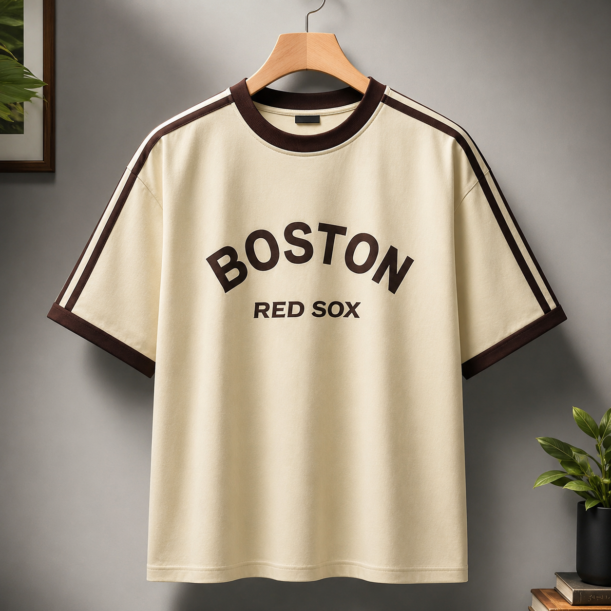 Bo_ston Re_d S_ox Contrast Stripe Oversized Half Sleeve T-Shirt for Men