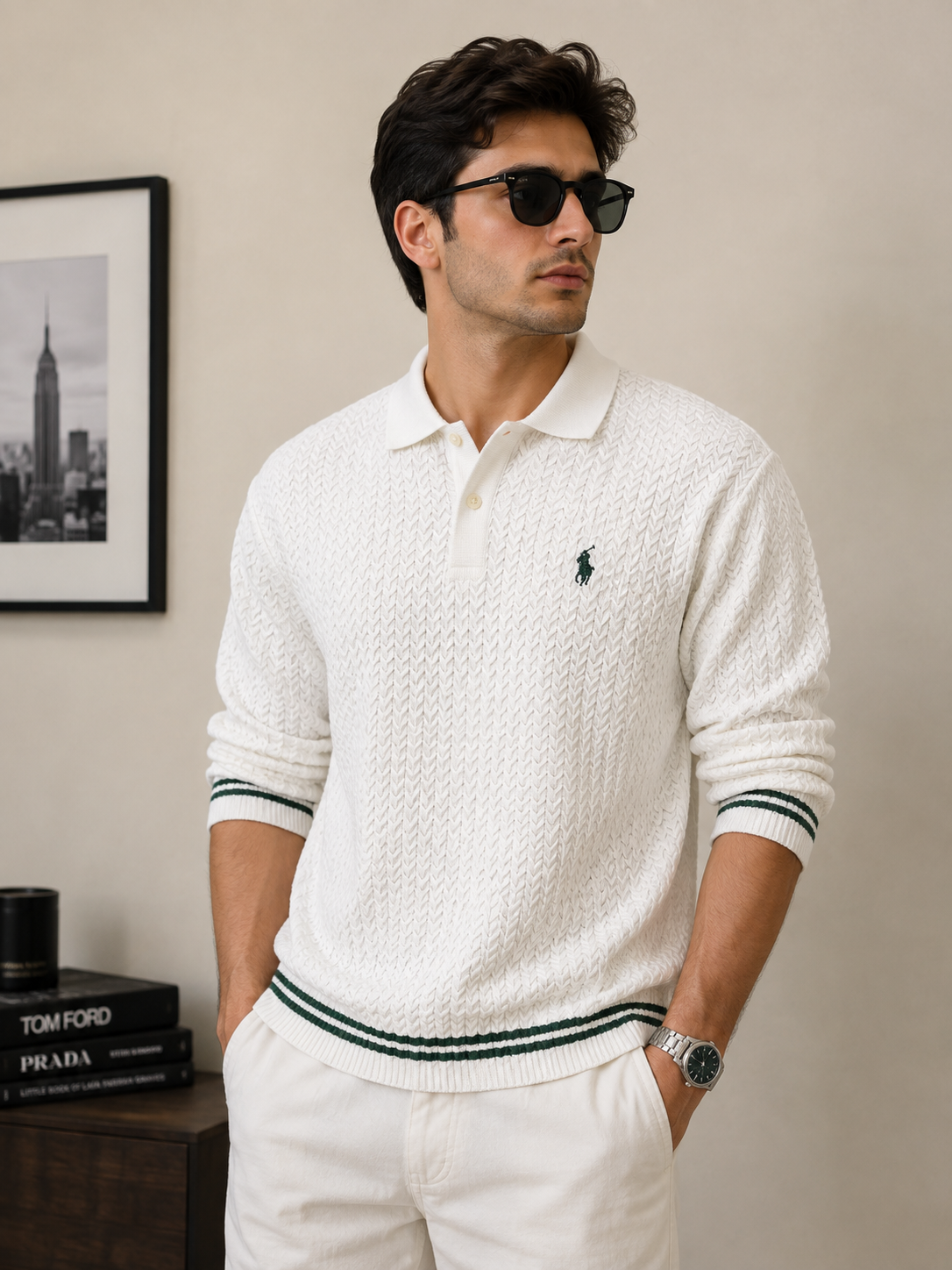 po_lo Men's Premium Textured White Polo Knit T-Shirt with Contrast Stripe Cuffs