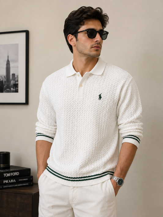 po_lo Men's Premium Textured White Polo Knit T-Shirt with Contrast Stripe Cuffs