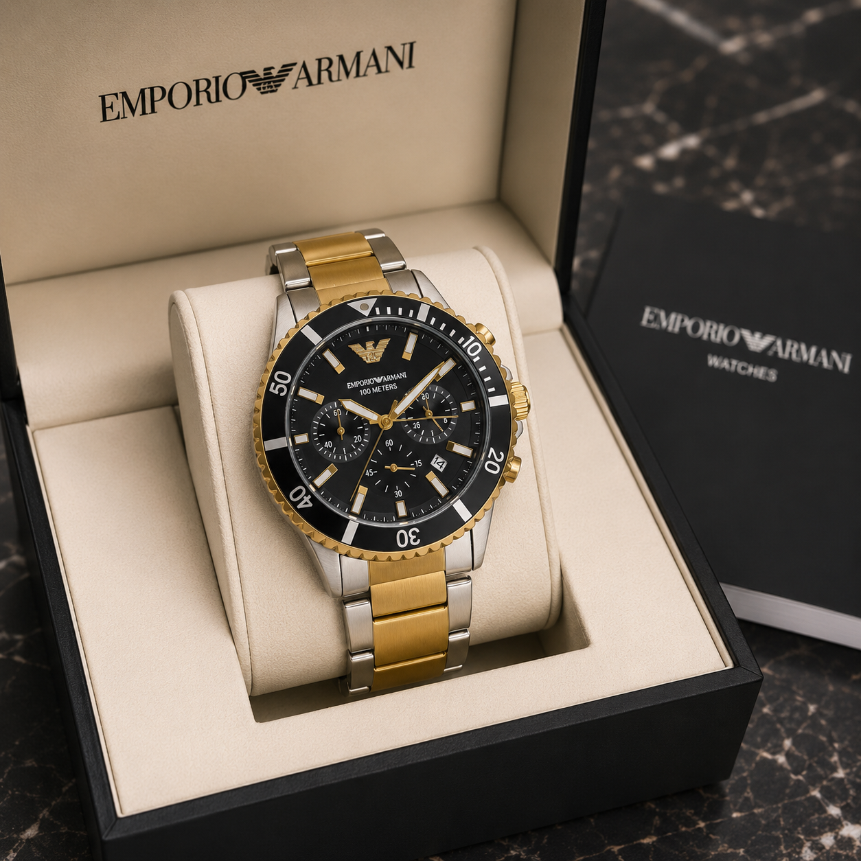 Em_porio Arm_ani Two-Tone Men’s Chronograph Watch – Black Dial & Gold-Silver Stainless Steel Bracelet
