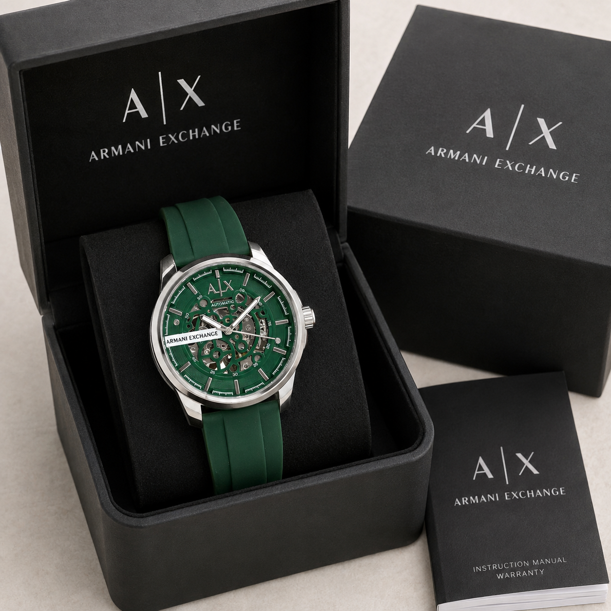 Ar_mani Exc_hange A_|_X Automatic Skeleton Dial Men’s Watch – Green Silicone Strap & Silver Case