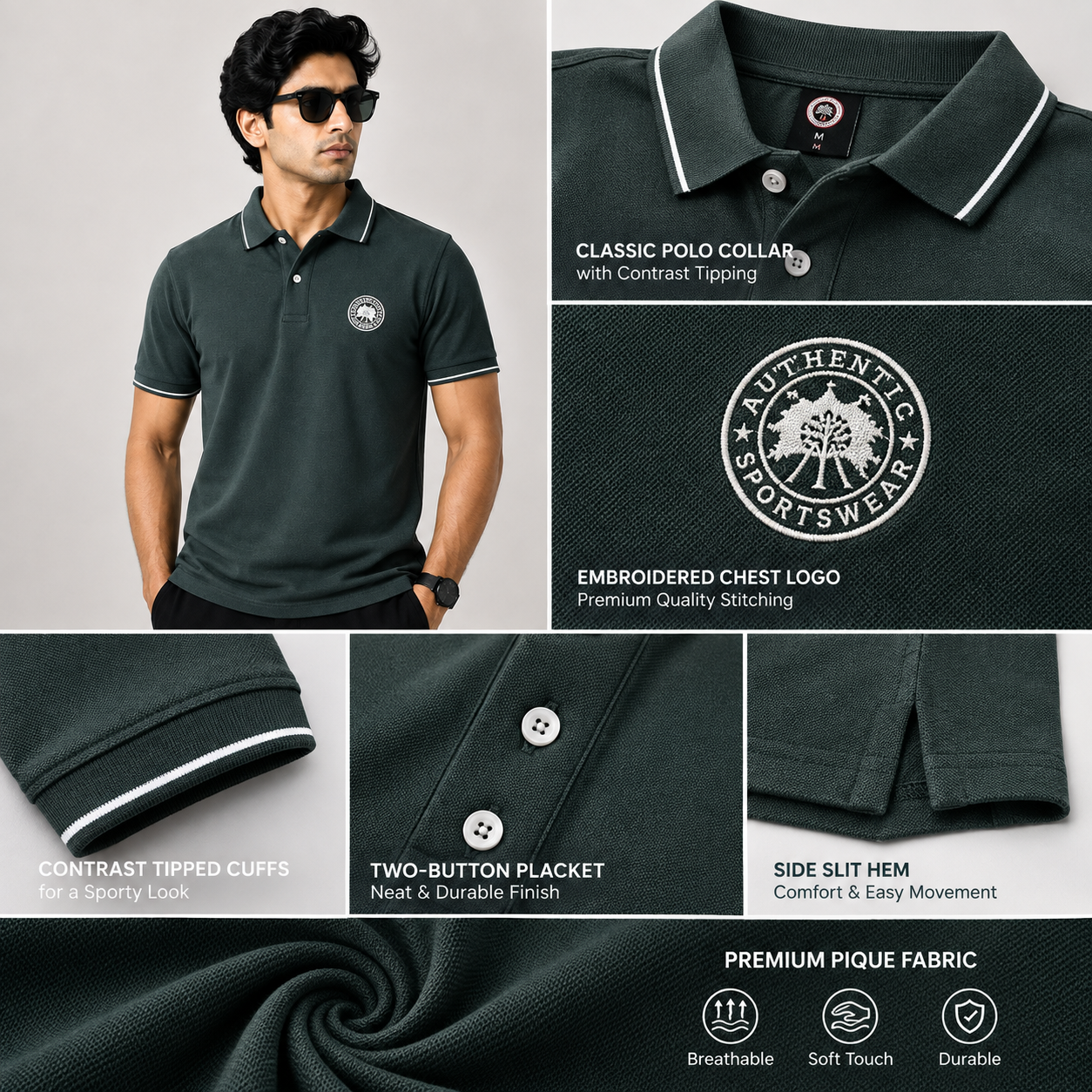 Men’s Charcoal Green Premium Polo T-Shirt with Contrast Tipping & Embroidered Chest Logo